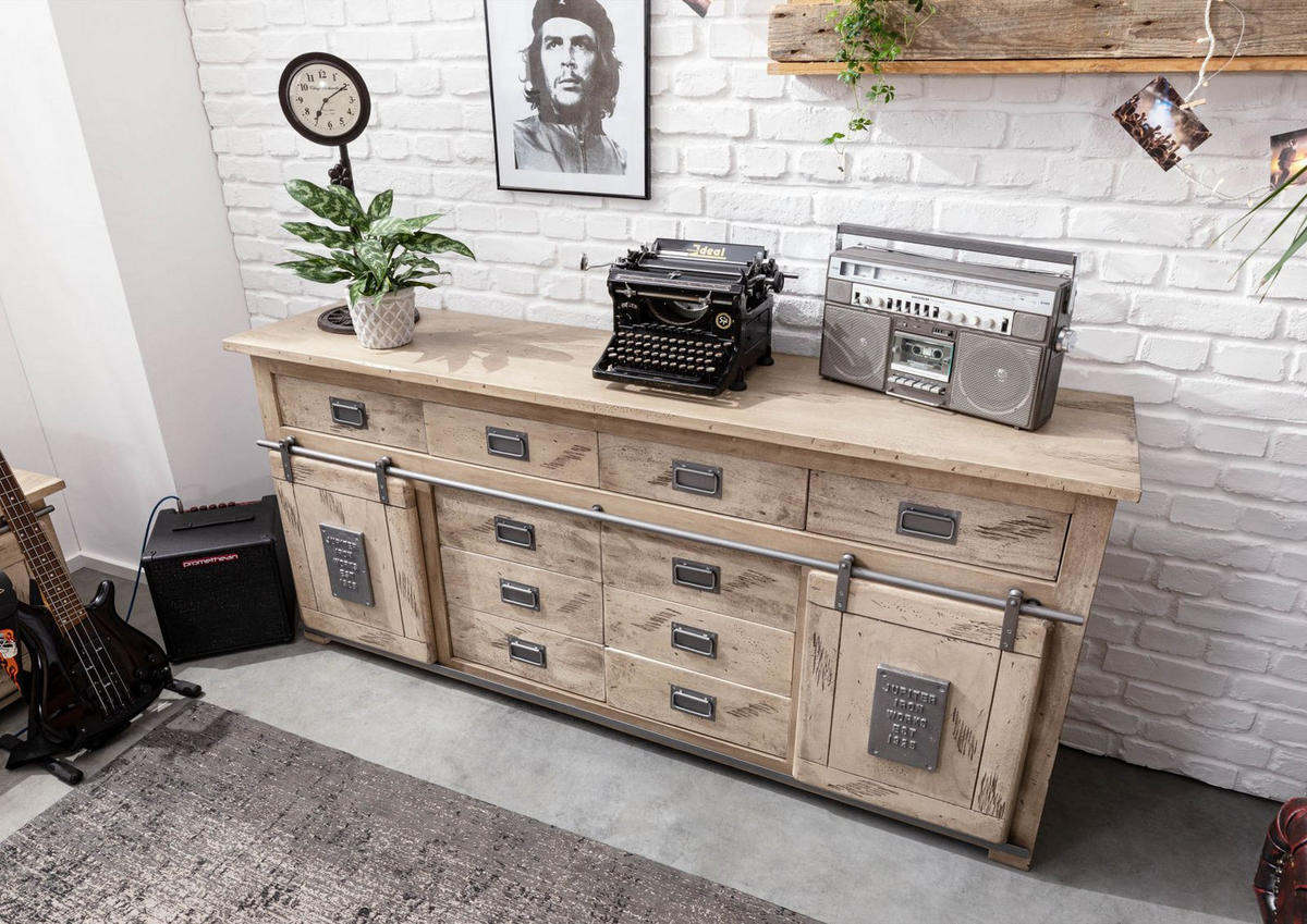 SIDEBOARD Mango 200x45x90 whitewash lackiert RAILWAY #322 - Beige, Holz (200/90/45cm) - Massivmoebel24