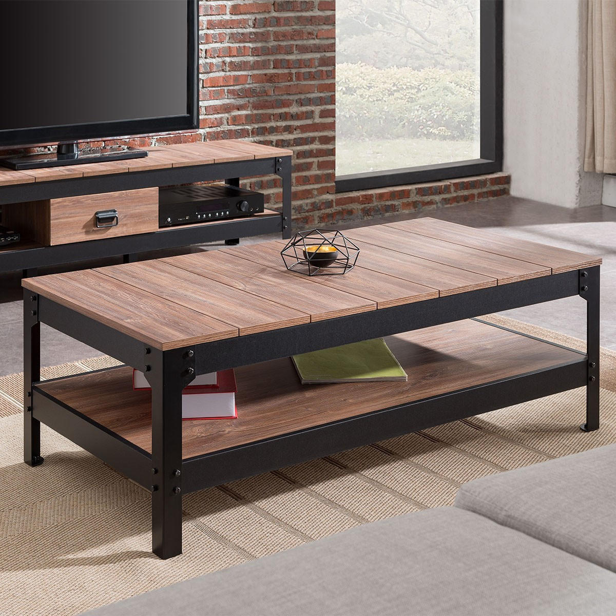 COUCHTISCH aus schwarzem Metall und Holz - L117cm - Schwarz, Holzwerkstoff (117.3/60/40cm) - Calicosy