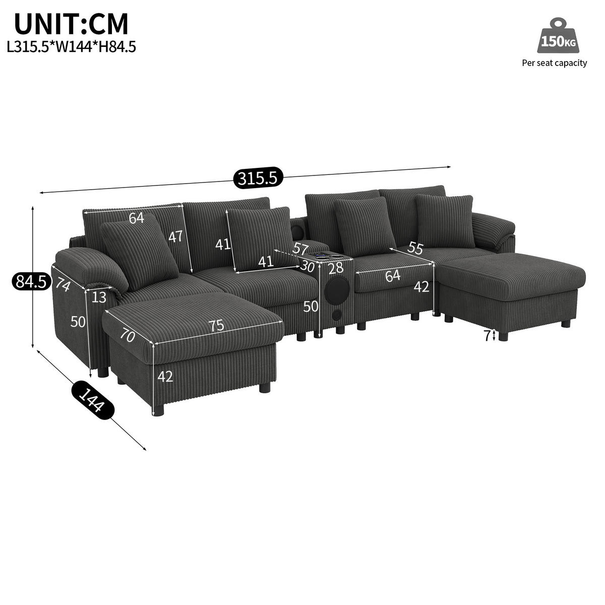 WOHNLANDSCHAFT Cord Grau mit Stauraum, Bluetooth, USB, Type-C und Getränkehaltern - Grau, Holzwerkstoff/Kunststoff (315.5/84.5/144cm) - WISHDOR