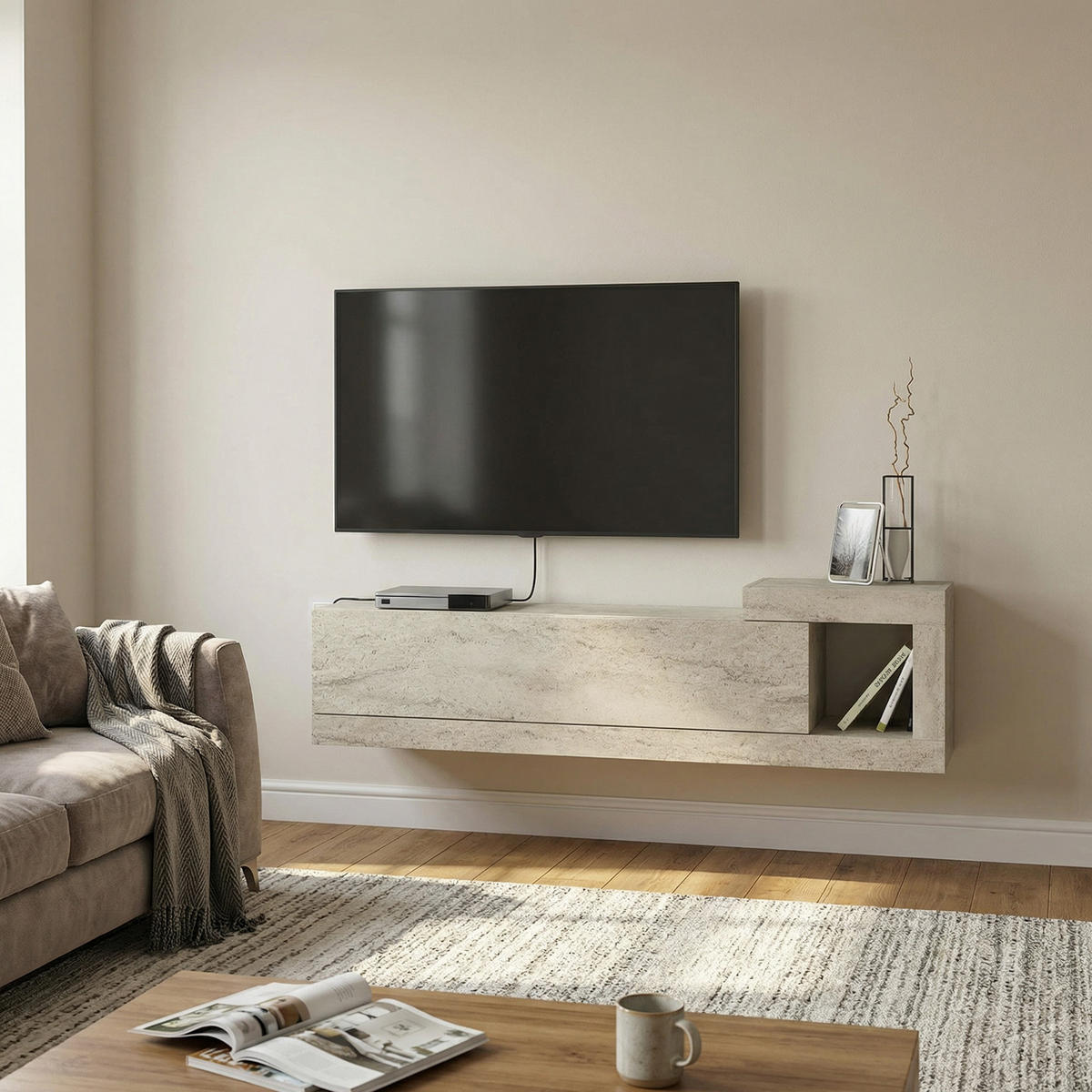 MOEBEL17 TV Lowboard 150 cm – Modernes Lowboard TV Schrank – TV Board Wohnzimmer – Fernsehtisch – TV Möbel Sideboard Modern – Modell Bliss - Beige, Holzwerkstoff (150/37/30cm) - moebel17