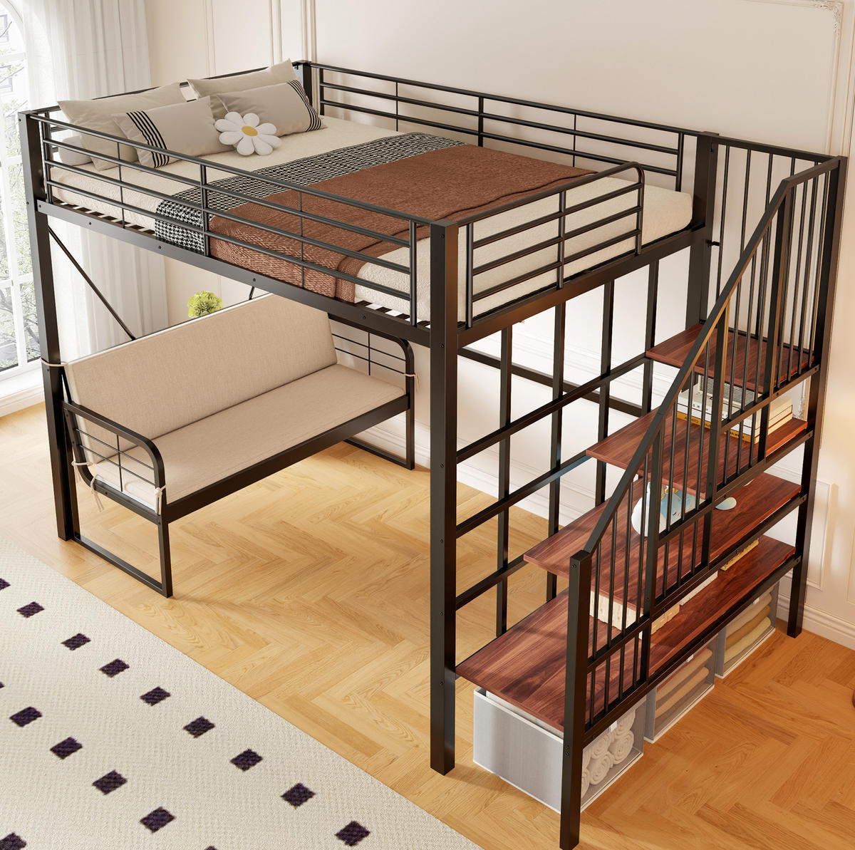 ETAGENBETT 140/200 cm schwarz aus Metall mit Sofa und Stauraum - Schwarz, Holzwerkstoff (140/200cm) - OKWISH
