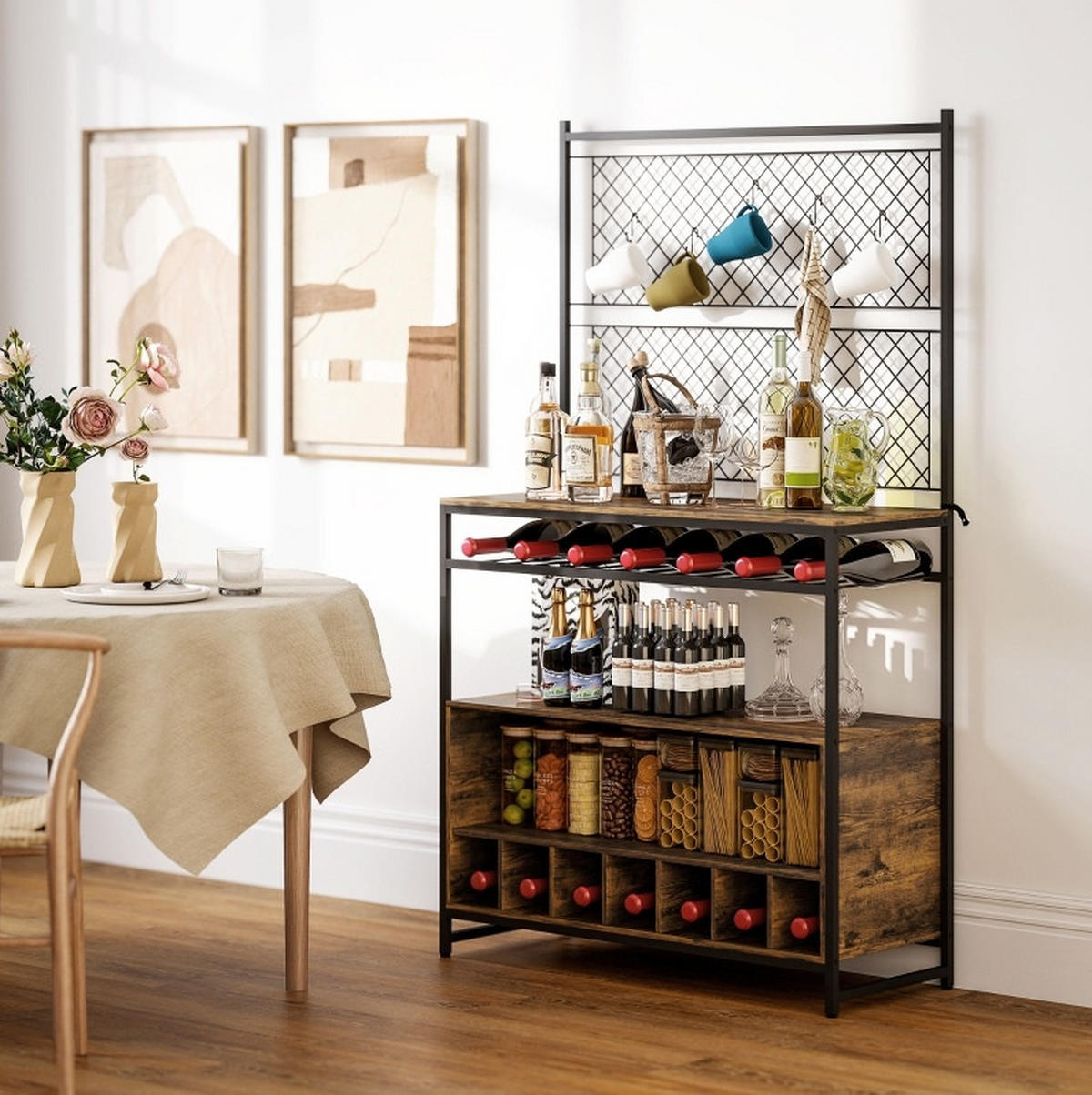BUFFET aus Holz und Metall 96,5/38/165 cm Braun-Schwarz mit Arbeitsfläche, Weinregal und 5 Haken - Braun, Holzwerkstoff (96.5/165/38cm) - Modfu
