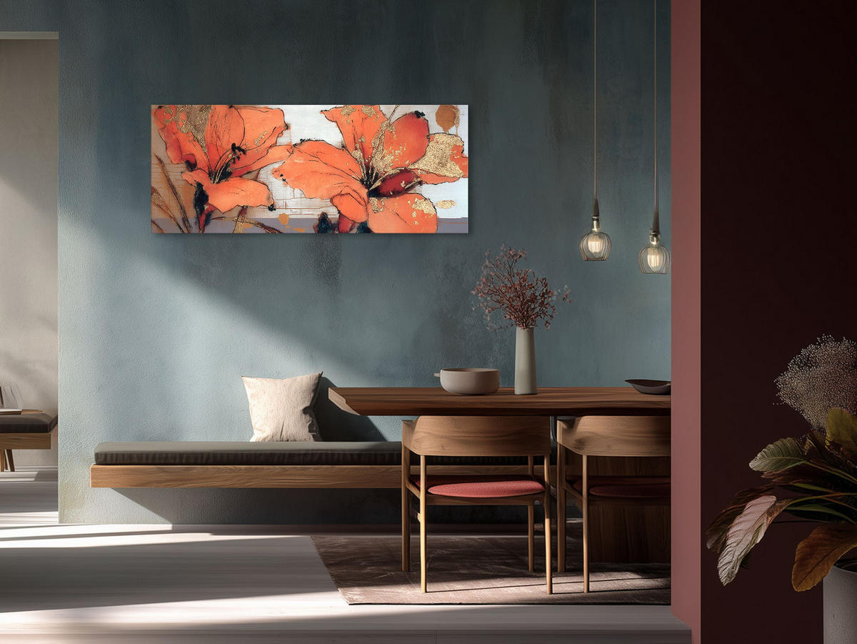 GLASBILD 125x50 cm Blumen orange gold - Beige, Glas (125/50cm) - artissimo