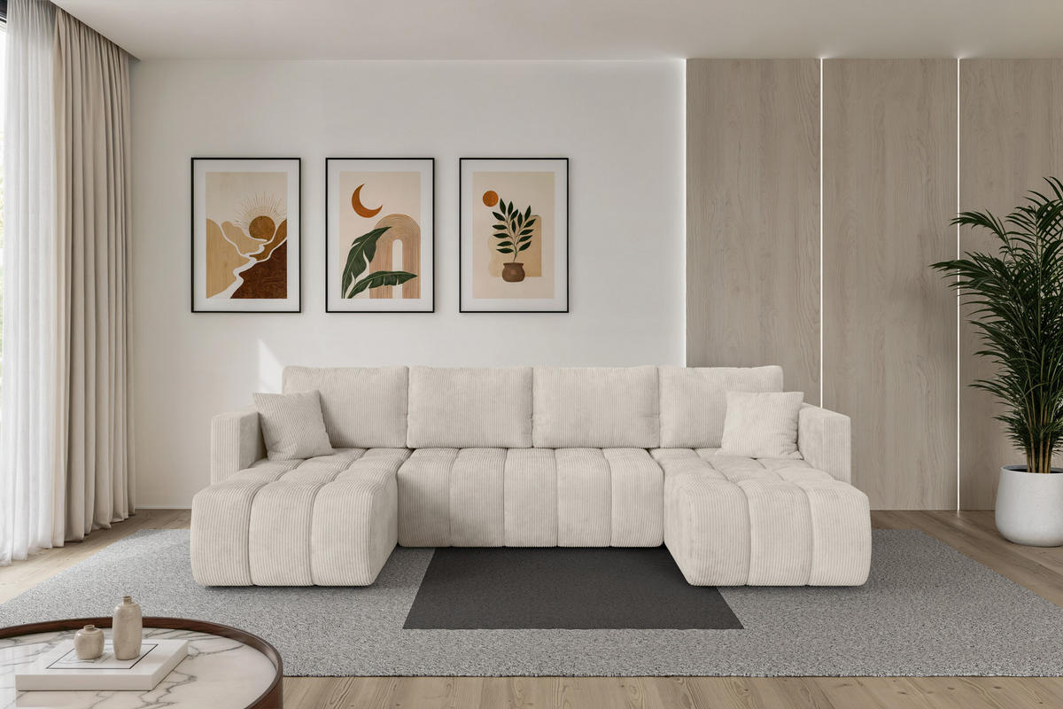 SEDACÍ SOUPRAVA DO U s funkcí spaní a úložným prostorem GARD-U 300x146x85 krémová manšestr - černá/krémová, kompozitní dřevo/textil (300/85/146cm) - ALTDECOR
