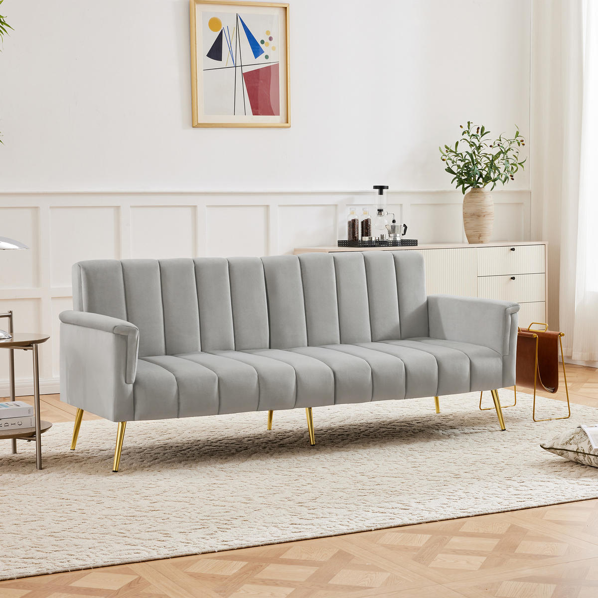 SOFA Schlaffunktion Klappbar Samtstoff Hilfsfüße Modern Gästezimmer - Grau, Holz (83.82/24.77/43.69cm) - FLIEKS