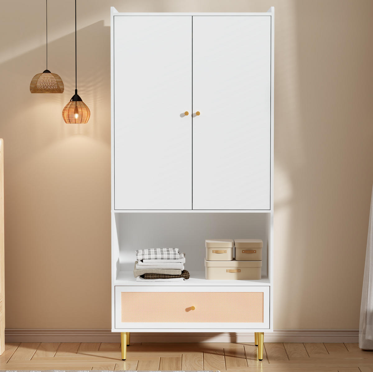 KLEIDERSCHRANK aus Spanplatte 48x80x175 cm Weiß/Natur mit 2 Türen, Schublade und Kleiderstange mit PE-Rattan-Fronten - Naturfarben, Holzwerkstoff (80/175/48cm) - Modfu