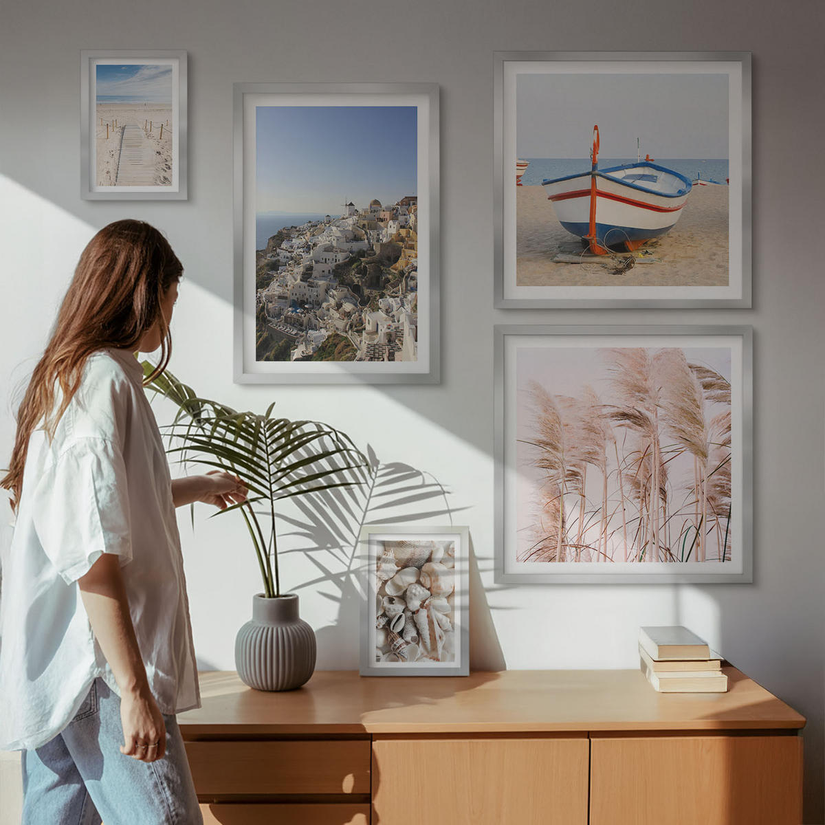 WANDBILDER 5er Set - 50x50 cm & 20x30 cm & 40x60 cm Silberner Rahmen - Japanische Berglandschaften - Silberfarben, Kunststoff (40/60cm) - ArtPrintCave