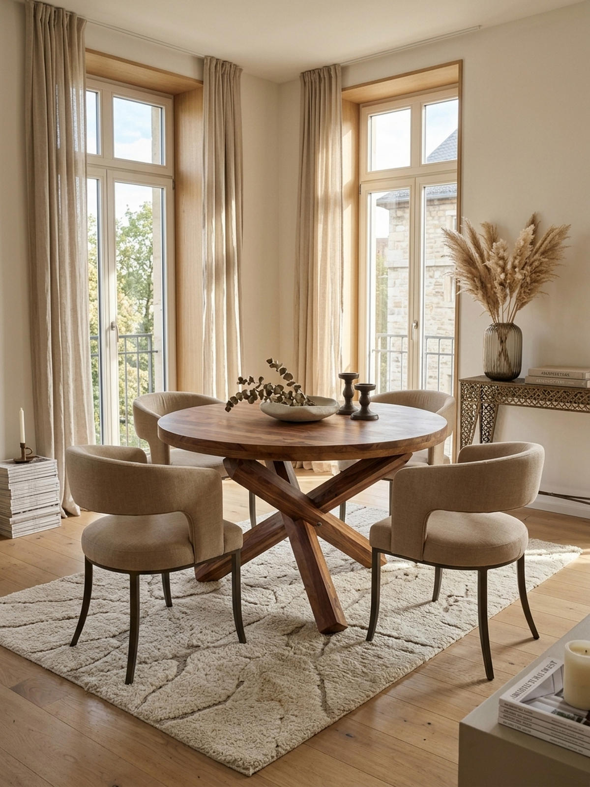 ESSTISCH Massivholz Rund Kreuzbeine Handgefertigt TEKO, Braun 120x120x75 cm - Braun, Holz (120/120/75cm) - KADIMA DESIGN