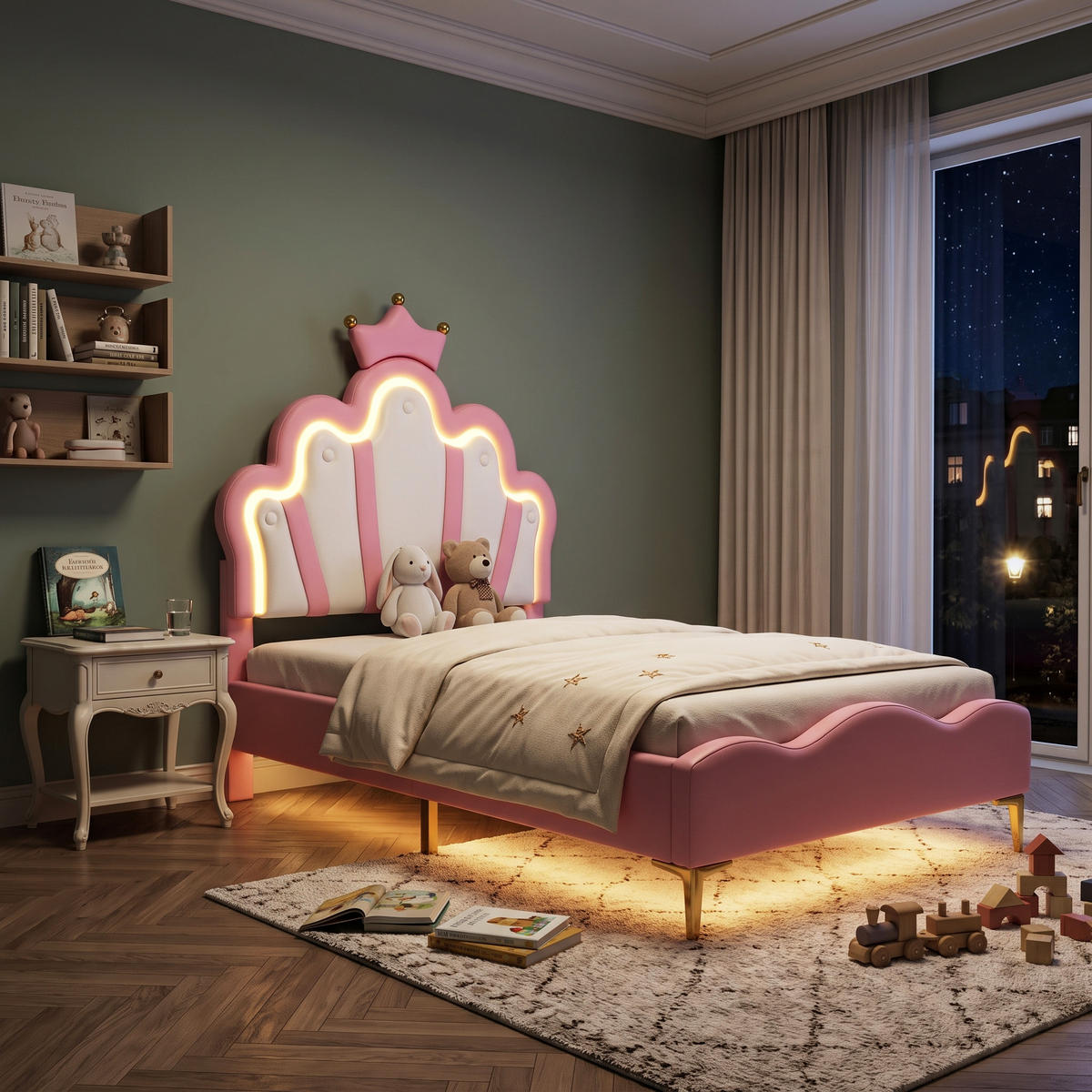 ČALOUNĚNÁ POSTEL 90x200 cm, princeznovský design, PU kůže s LED - růžová, kůže (90/200cm) - Urban Meuble