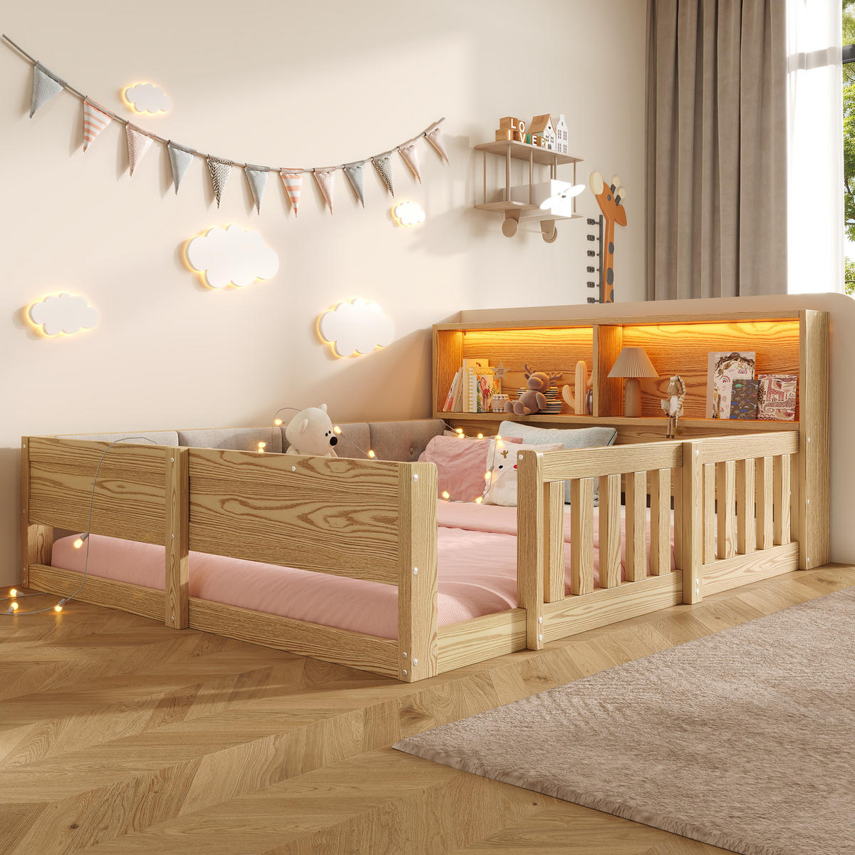 NÍZKÁ POSTEL 140x200cm Dětská Mřížka LED Přírodní - přírodní, kompozitní dřevo (140/200cm) - FLIEKS