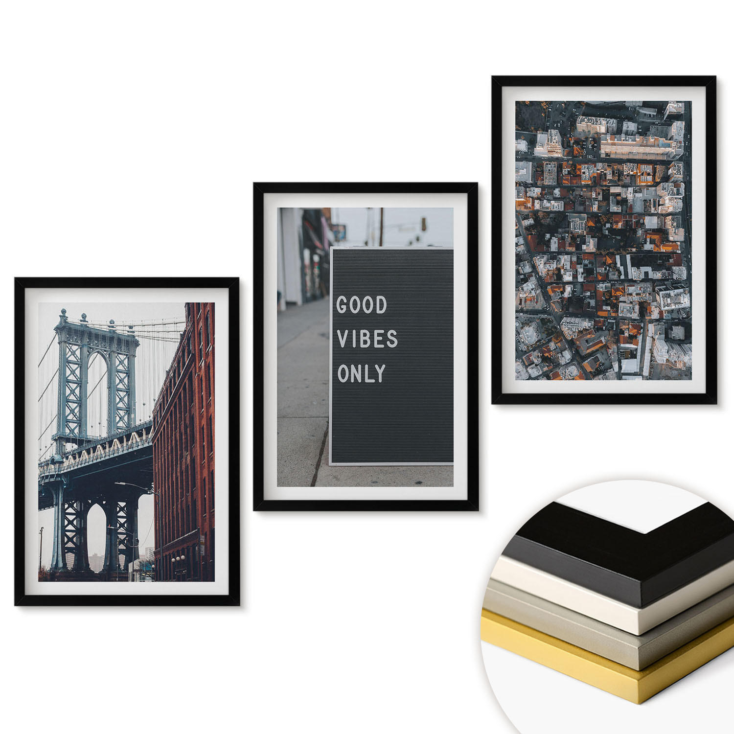 WANDBILDER 3er-Set - 40x60 cm Schwarzer Rahmen - Brückenstadt-Inschriften aus der Vogelperspektive - Schwarz, Kunststoff (40/60cm) - ArtPrintCave