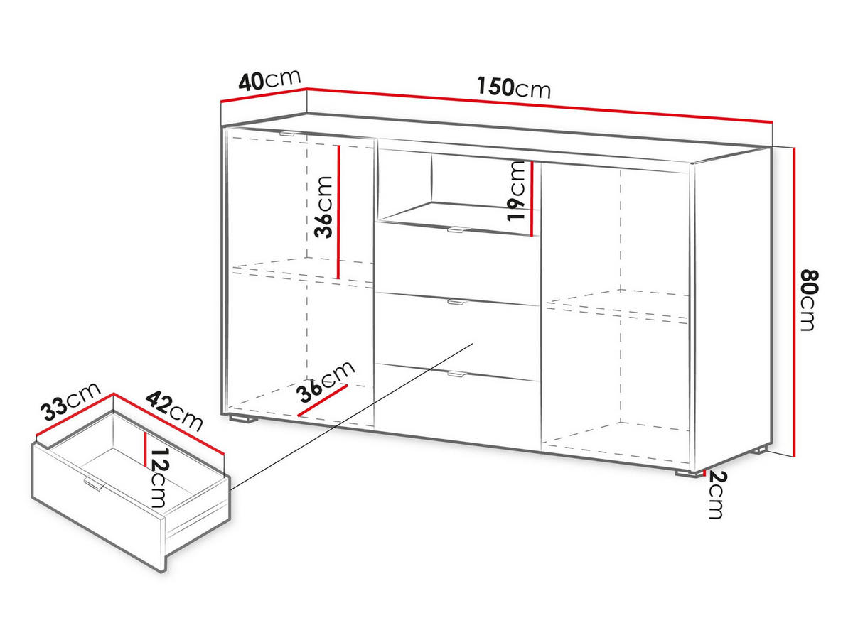 SIDEBOARD Cyliza 2D3SZ - Eichefarben/Graphitfarben, Holzwerkstoff/Kunststoff (150/80/40cm) - MIRJAN24