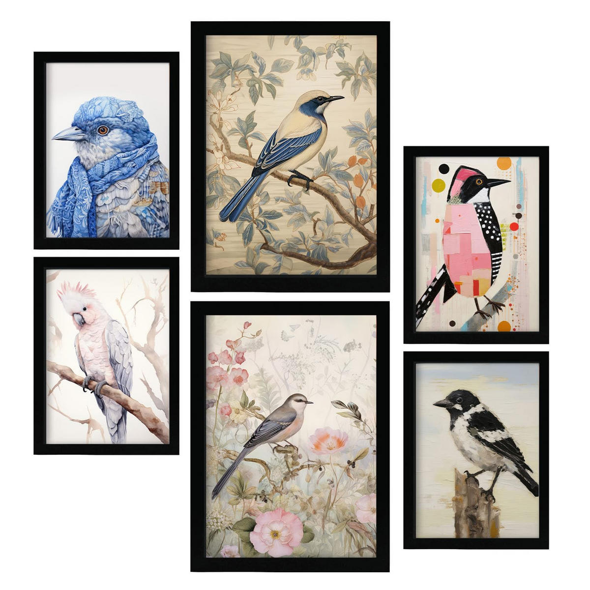 POSTER Set Mit 6 Vögel Illustrationen A3 & A4 Schwarzer Rahmen - Schwarz, Papier (29/3cm) - Nacnic