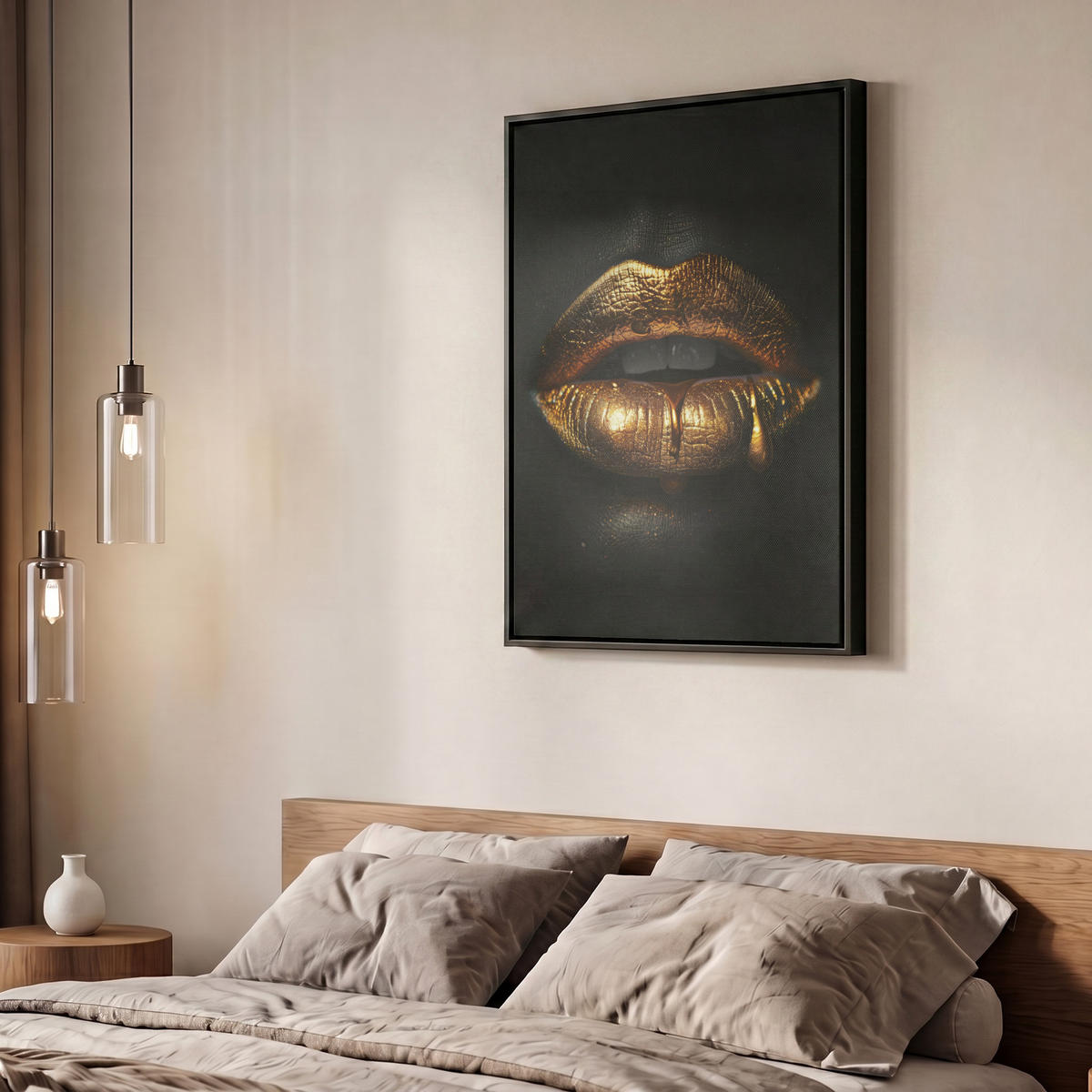 LEINWAND Bilder mit Rahmen - Frau - Porträt - Lippen - Gold - Schwarz - 60x80 - Schwarz, Textil (60/80cm) - MuchoWow