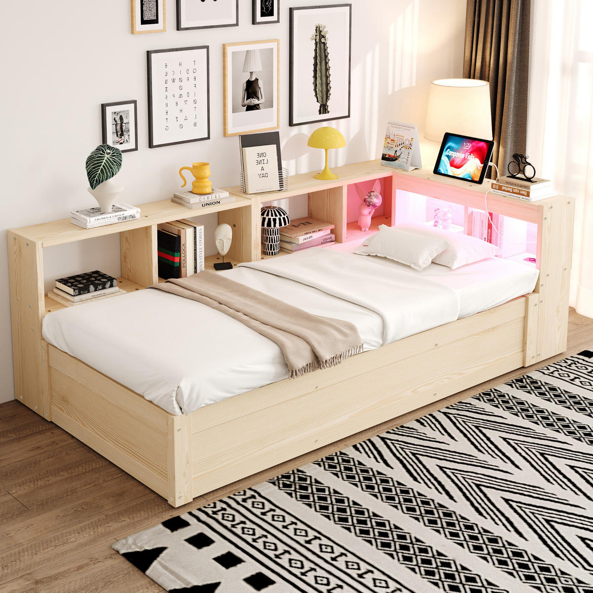 SCHLAFSOFA 90x200cm LED Stauraum Steckdose Massivholz - Naturfarben, Holzwerkstoff (90/200cm) - FLIEKS