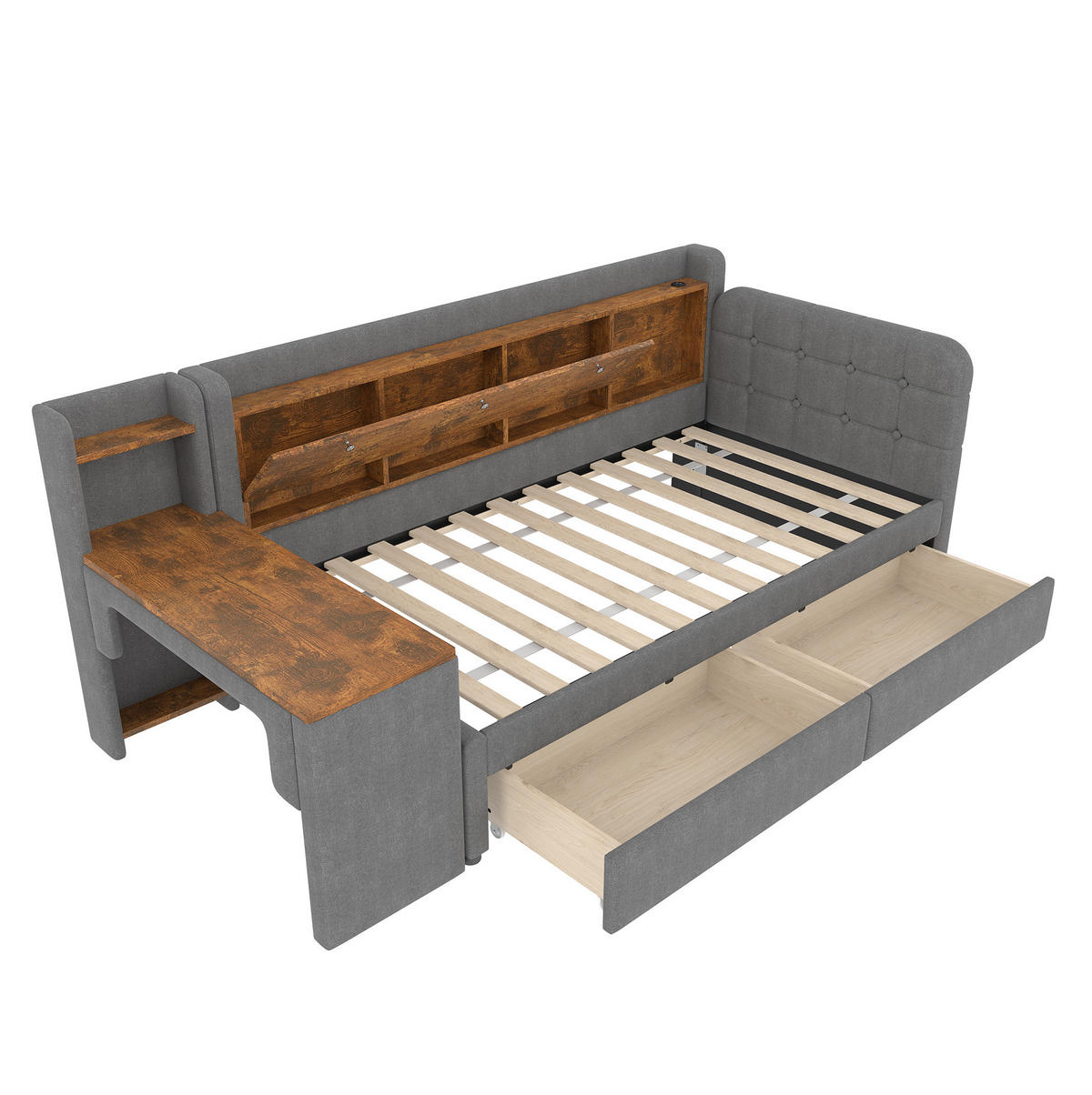 POLSTERBETT 90/200 cm mit 2 Schubladen, Schreibtisch und USB/Type-C - Grau, Textil (90/200cm) - BEAOK