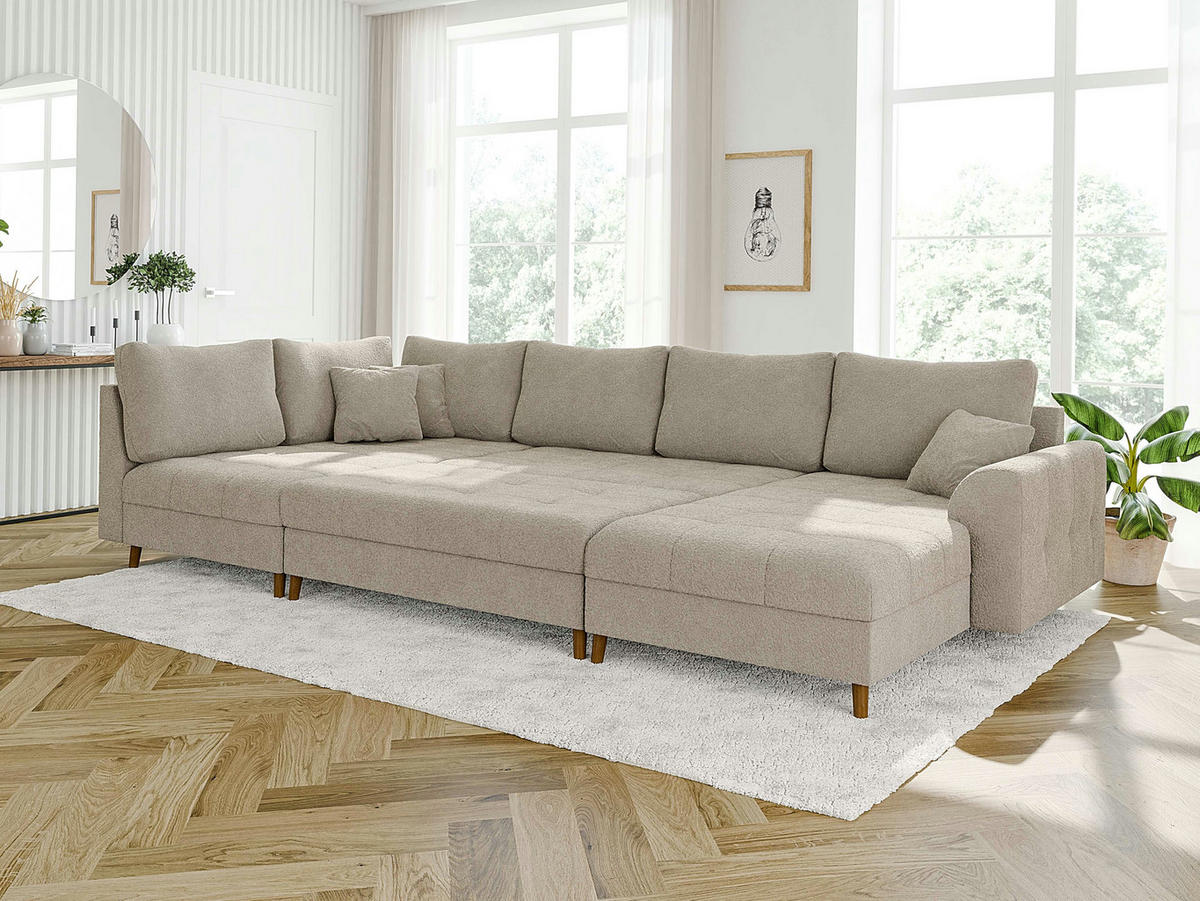 WOHNLANDSCHAFT inkl. Hocker Henrik Beige Boucle - Beige/Braun, Holz/Textil (310/81/161cm) - S-Style Möbel