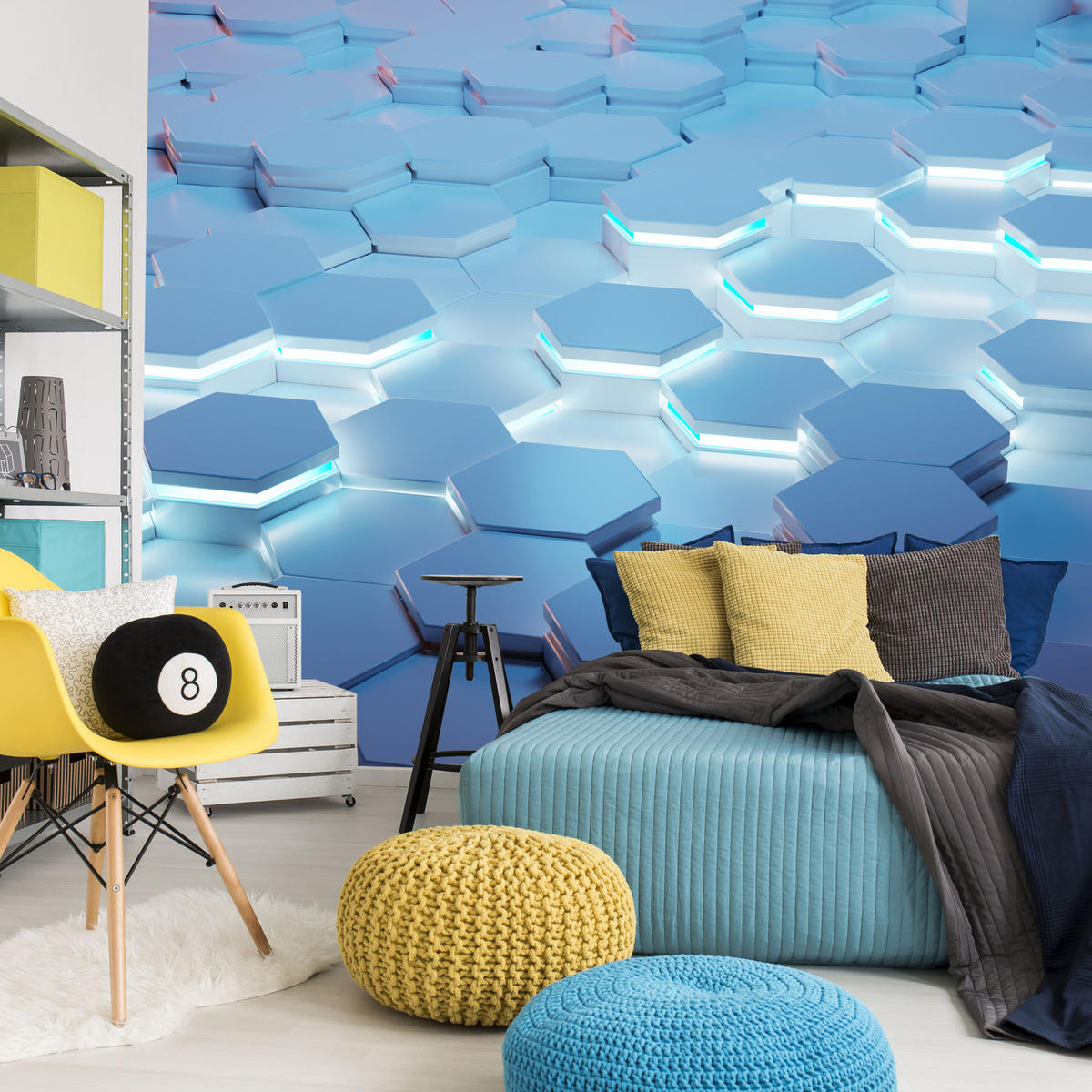 FOTOTAPETE für Jugendzimmer Blaue Neon Hexagone Formen Geometrie 400x280 - Blau/Weiß, Papier (400/280cm) - Muralo