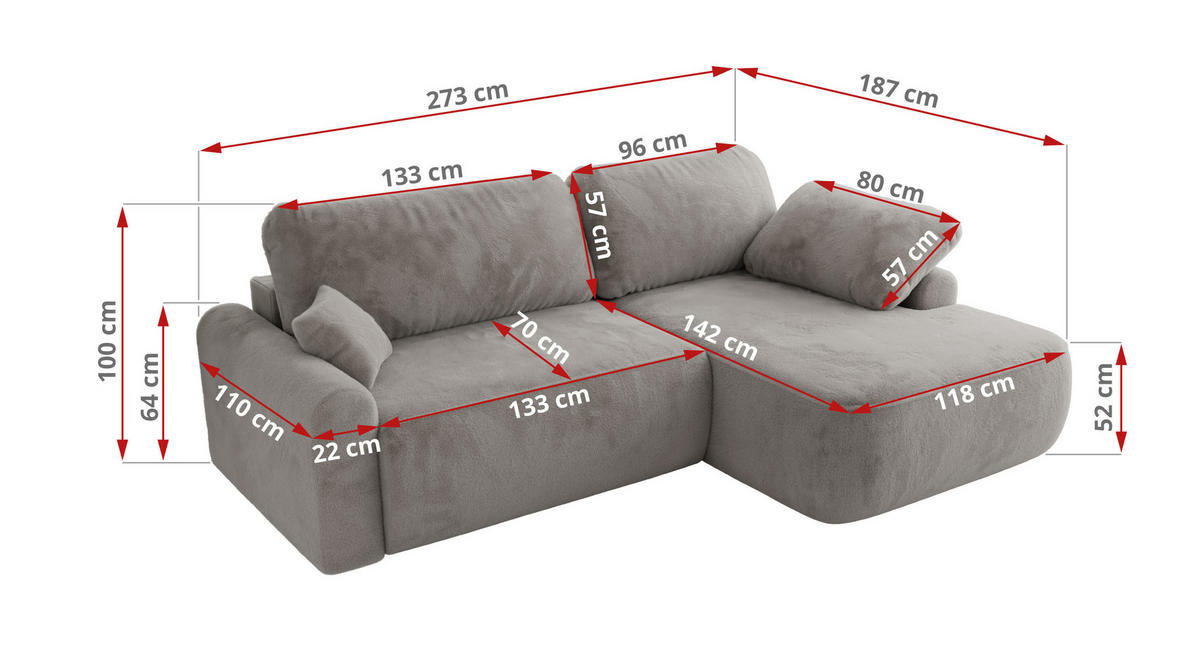 ECKSCHLAFSOFA CUBO L Hellgrau Plüsch - links - Hellgrau/Schwarz, Kunststoff/Textil (273/187cm) - MKS