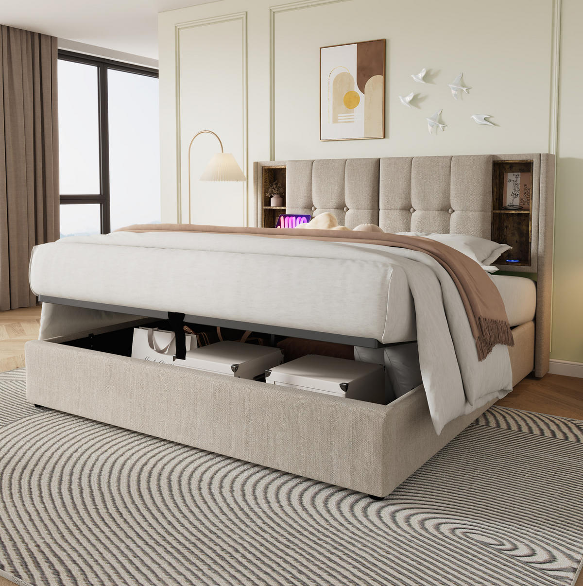 POLSTERBETT mit Stauraum 140x200 cm Leinen Natur mit USB & kabellosem Laden - Beige, Metall (140/200cm) - Meubliv