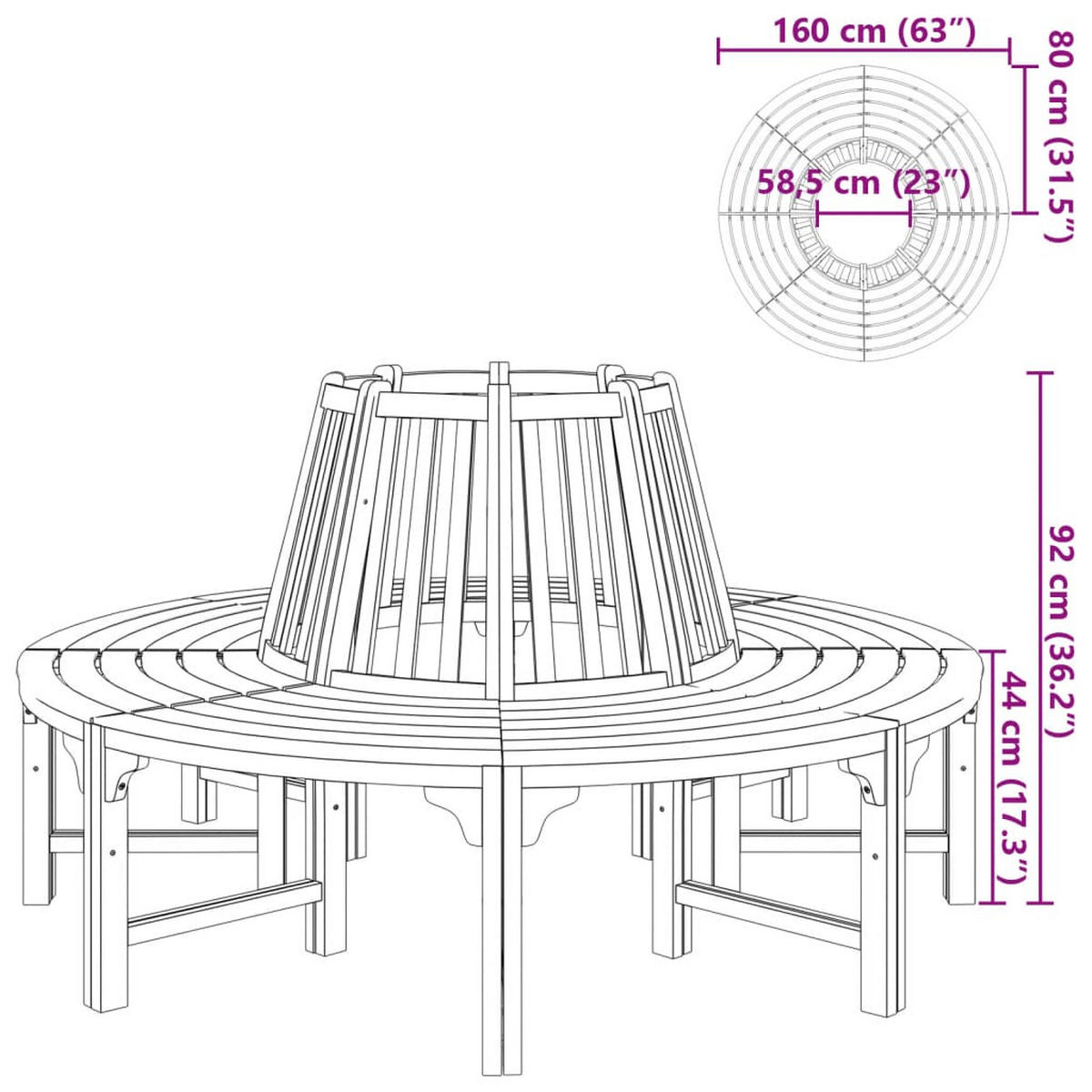 BAUMBANK Ø 160 cm Holz - Braun, Holz (160/92/160cm) - furnicato