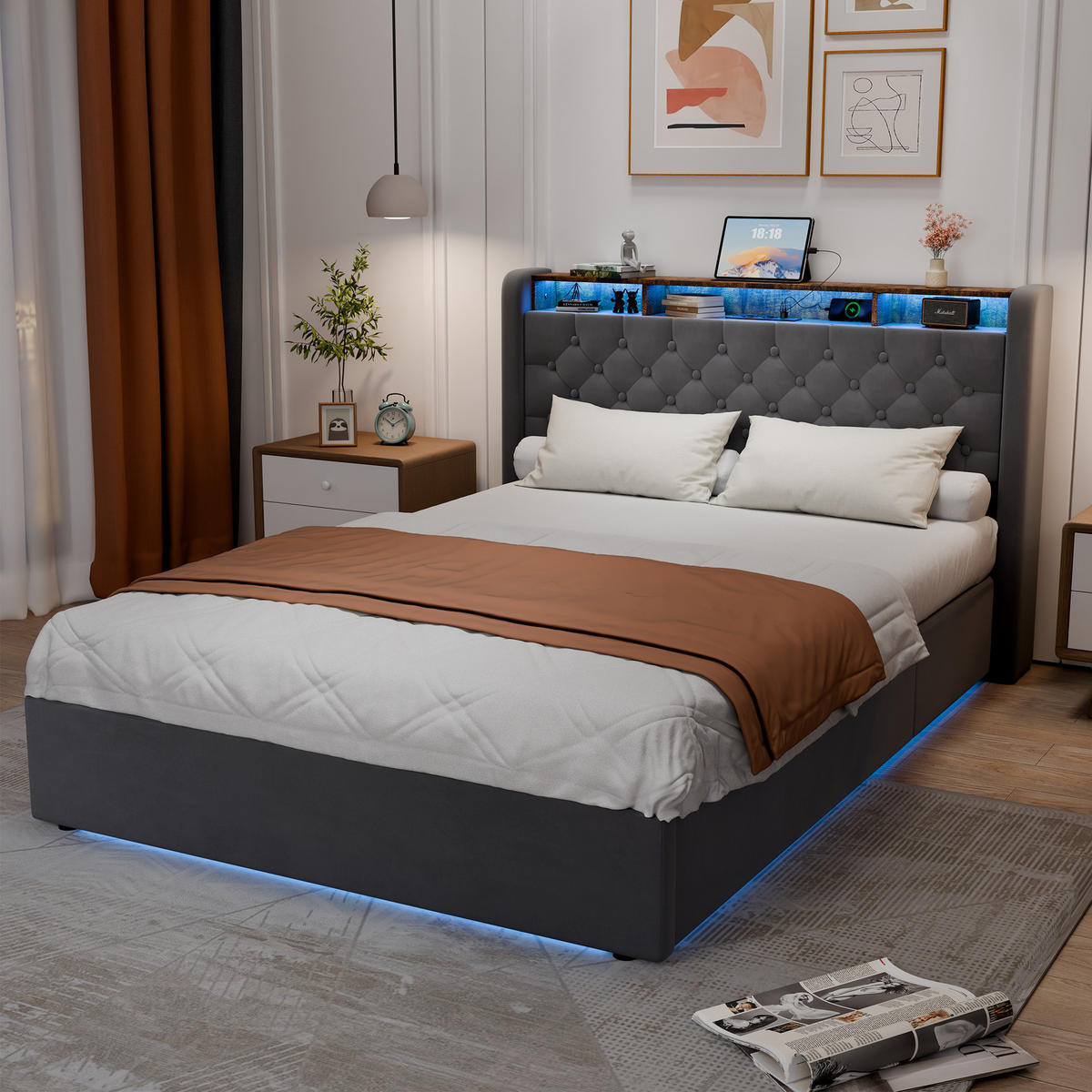 POLSTERBETT aus Samt 140x190 cm Grau mit LED-Beleuchtung & USB-Anschlüsse mit hydraulischem Stauraum - Grau, Textil (140/190cm) - Modfu