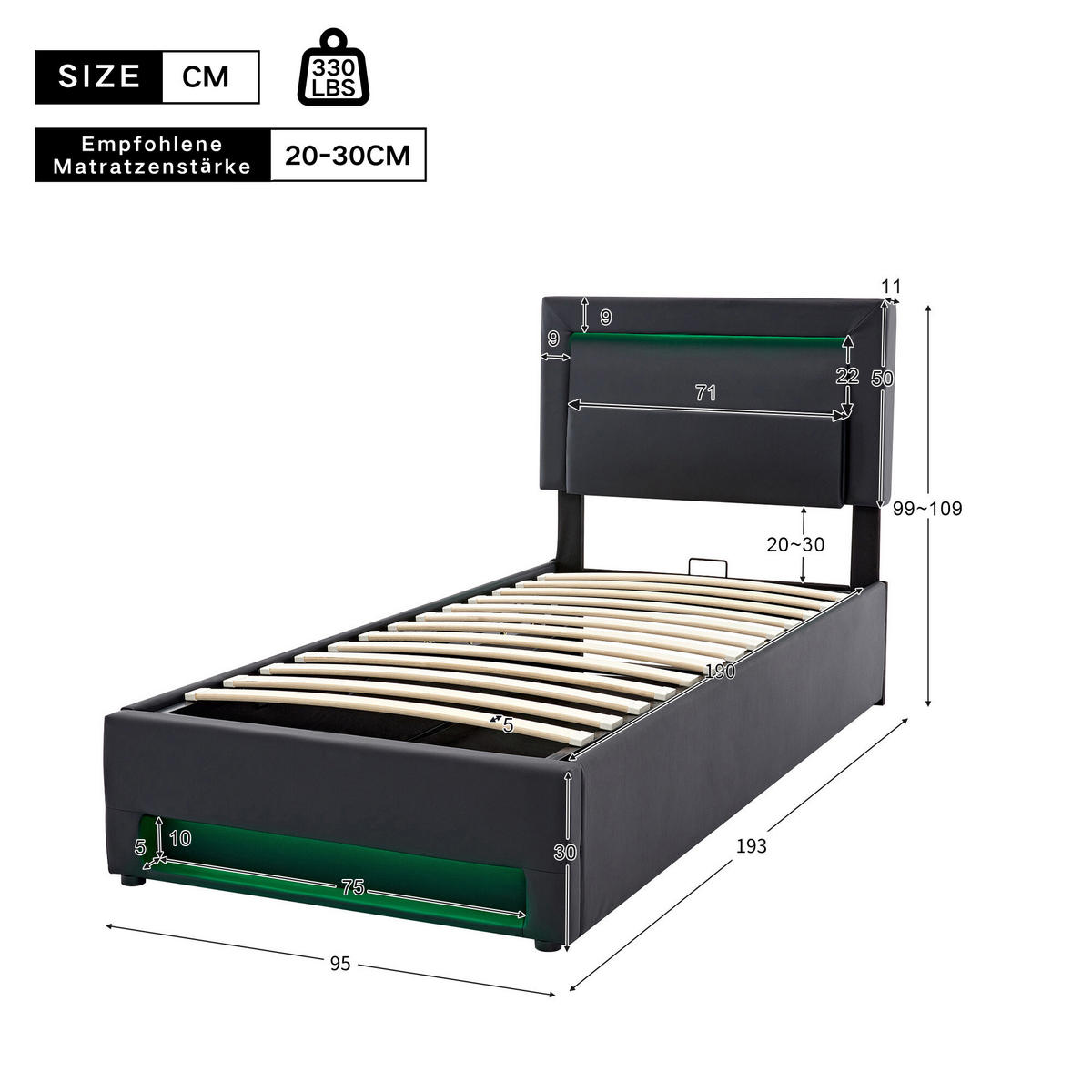 POLSTERBETT 90x190cm Schwarz PU Mit USB LED & Stauraum - Schwarz, Leder (90/190cm) - FLIEKS