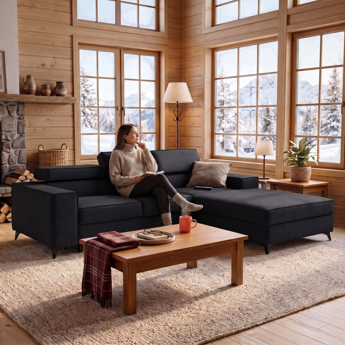 ECKSOFA PURE S Rechts mit Schlaffunktion 127x215 Velours Graphit - Graphitfarben/Schwarz, Holz/Textil (204/281cm) - Muffo