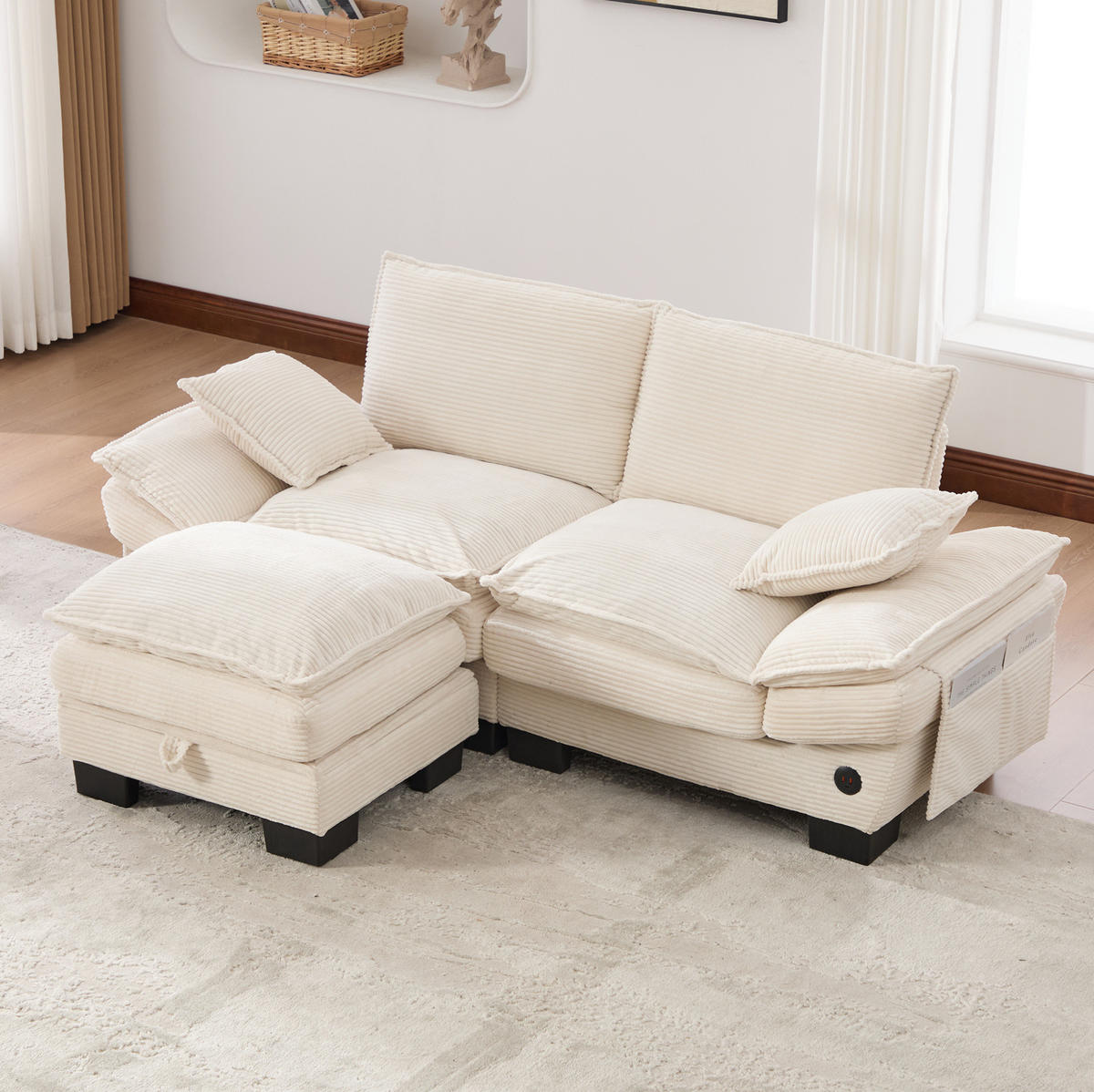2-SITZER Sofa aus Corduroy 190x132x84 cm in Beige mit Hocker & USB-C - Beige, Textil (132/84/190cm) - Modfu