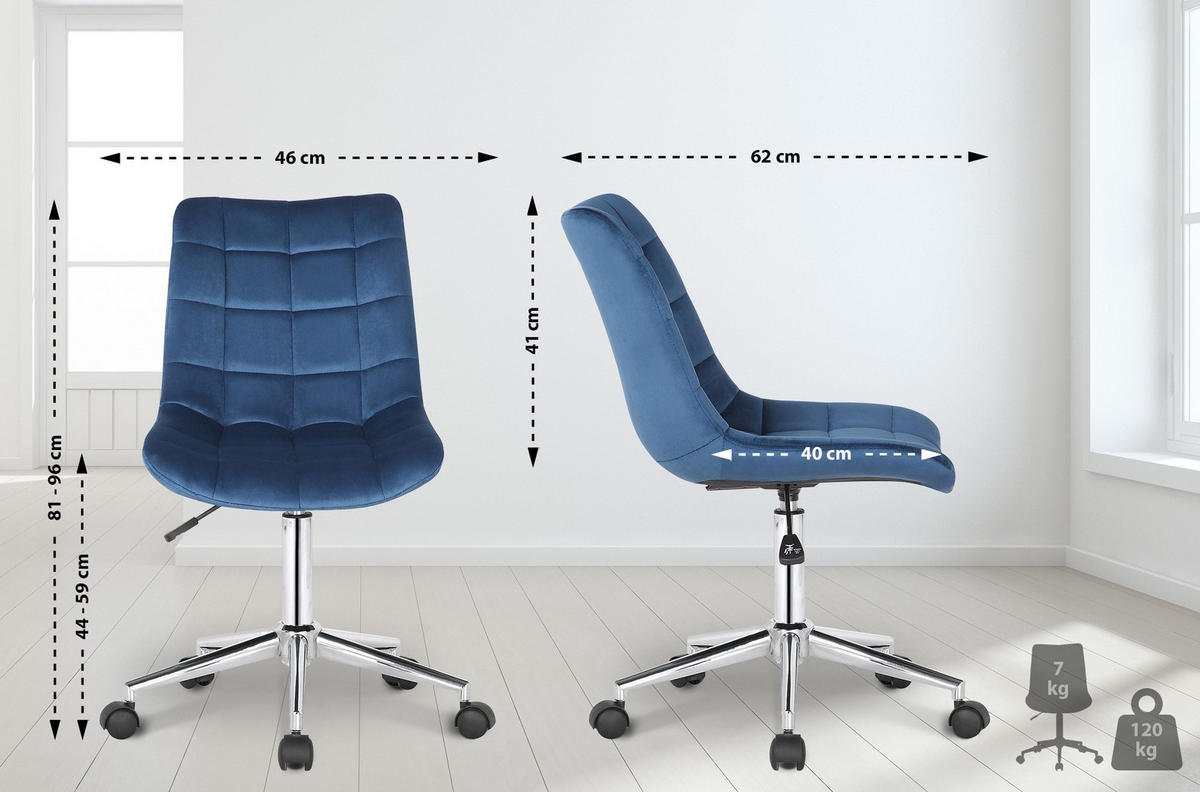 DREHSTUHL Samt blau - Blau, Textil/Metall (46/81/62cm) - CLP