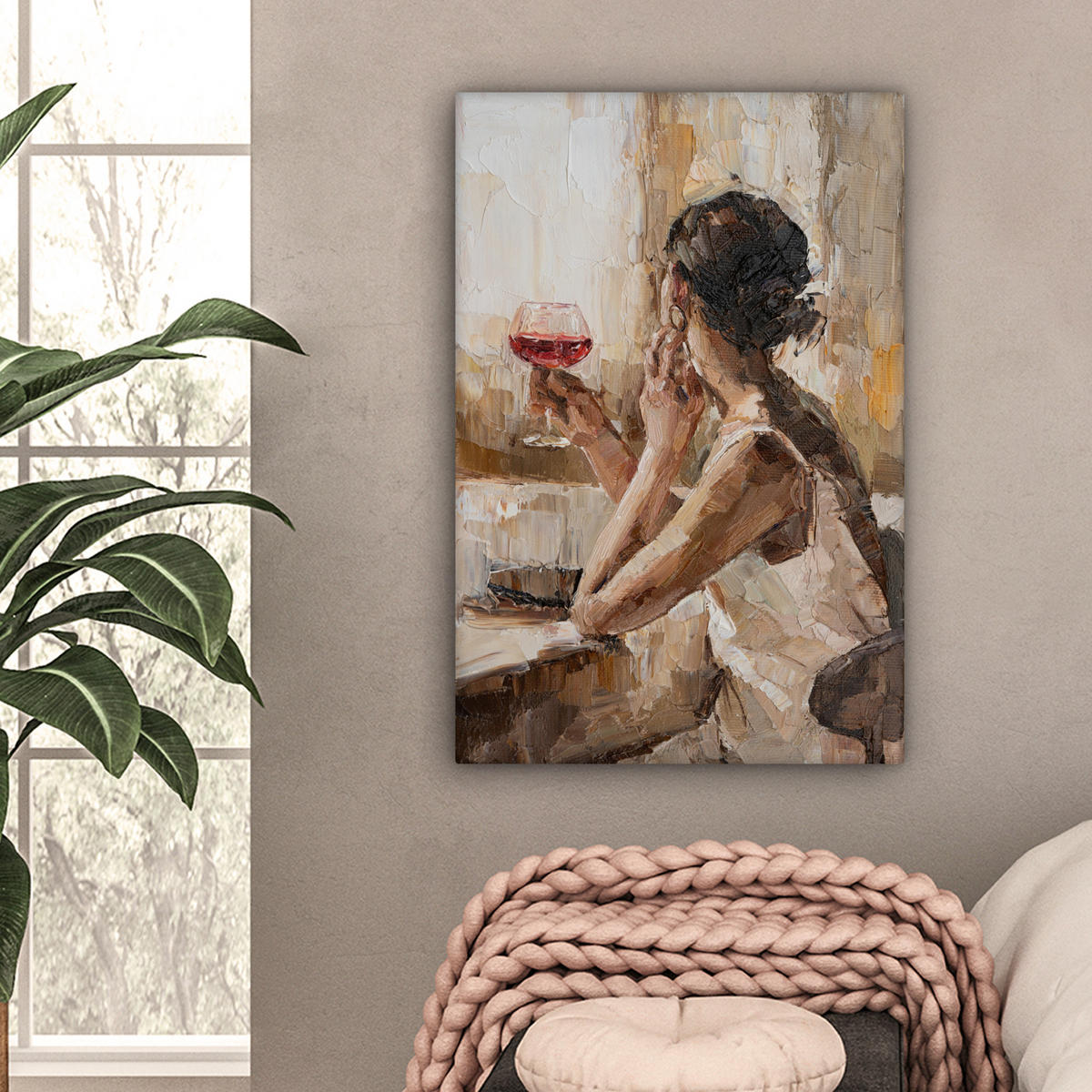 LEINWANDBILD Ölgemälde - Frau - Wein 60x90 cm - Hellbraun, Textil (60/90cm) - MuchoWow