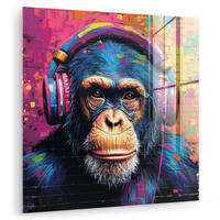 ACRYLGLASBILD Graffiti - Schimpanse - Straßenkunst - Kopfhörer - Affe 50x50 cm - Blau, Glas (50/50cm) - MuchoWow