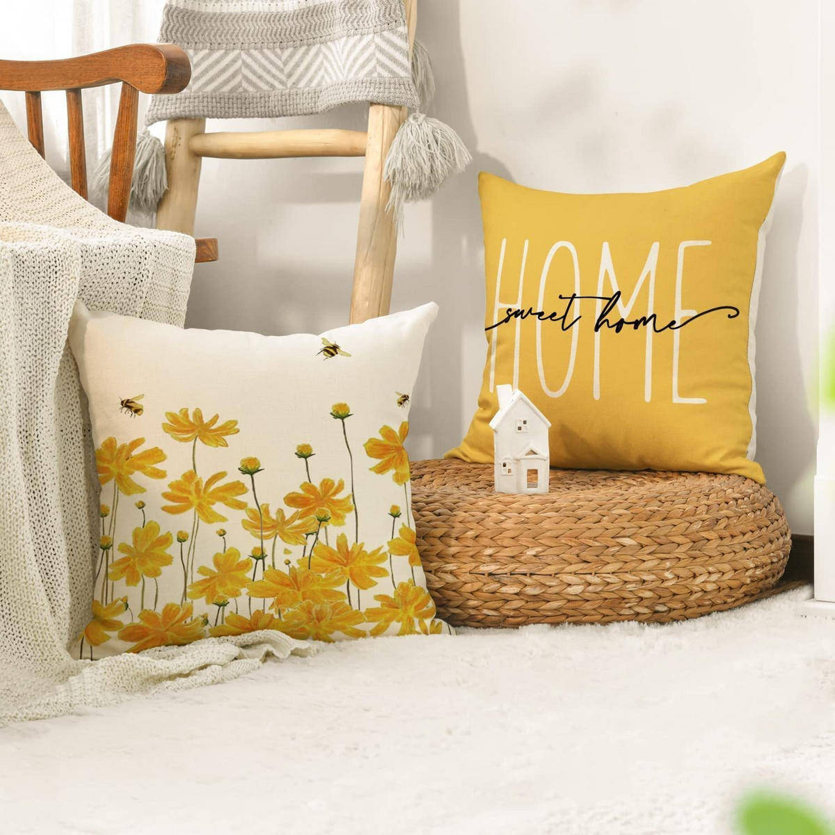 KISSENHÜLLE 4er Set, Blume Biene, Leinen, Cozy Home, 45x45cm - Gelb, Textil (45/45cm) - Weltevree