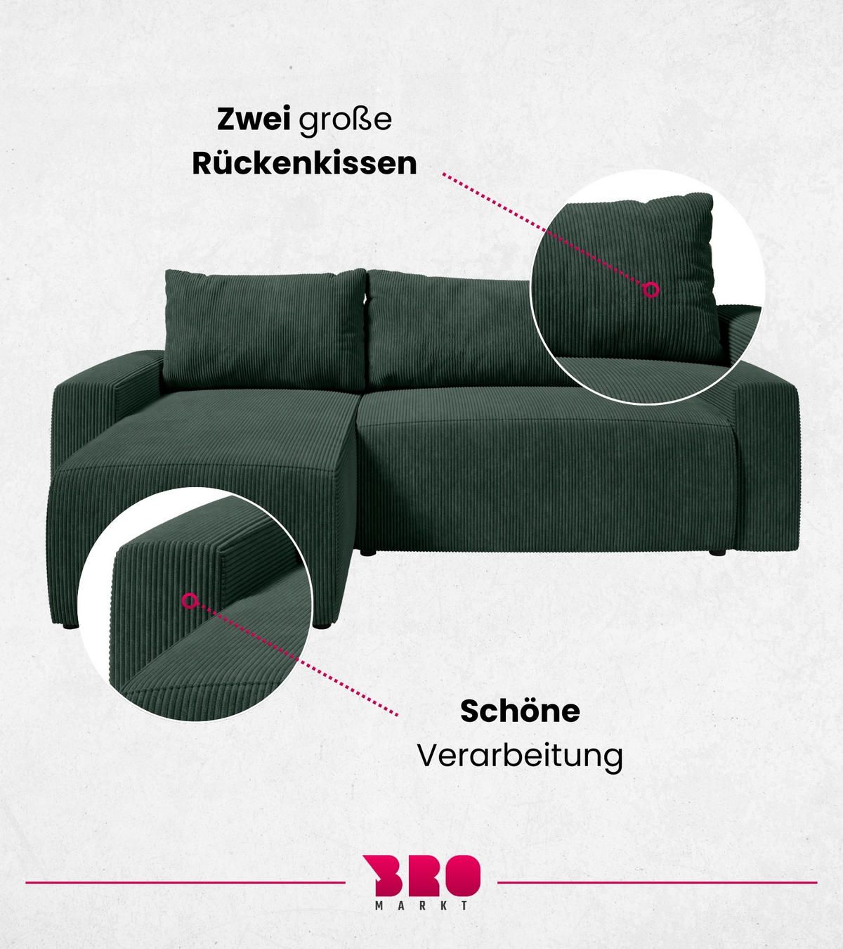 ECKSOFA PLUSH mit Schlaffunktion Grün Cord - Grün, Textil (240/145cm) - Bromarkt