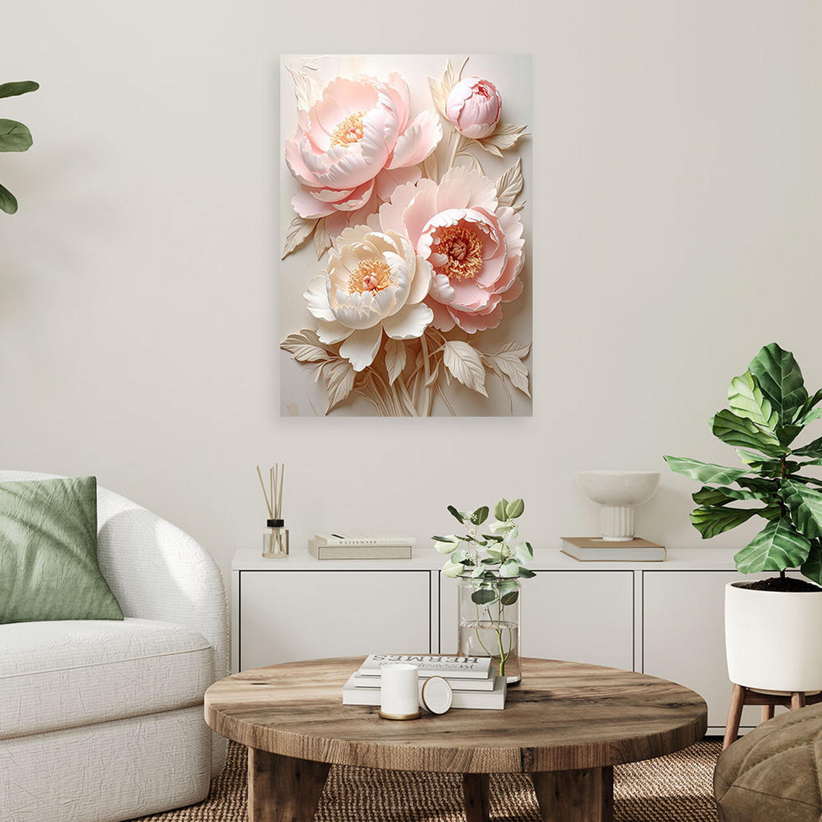 BILD auf Leinwand, Zarte rosa Pfingstrosen in einem eleganten 3D-Blumenarrangement - Rosa, Textil (30/45cm) - Feeby
