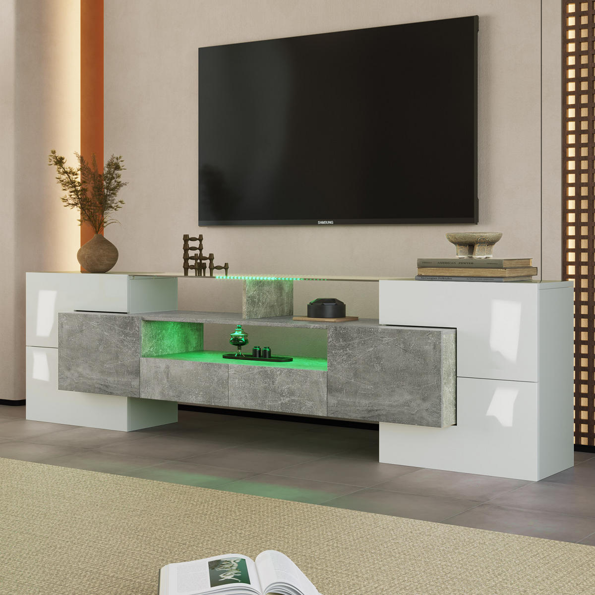 TV Lowboard LED, 6 Türen, 2 Schubladen, Grau Weiß - Weiß, Holz (200/60/30cm)