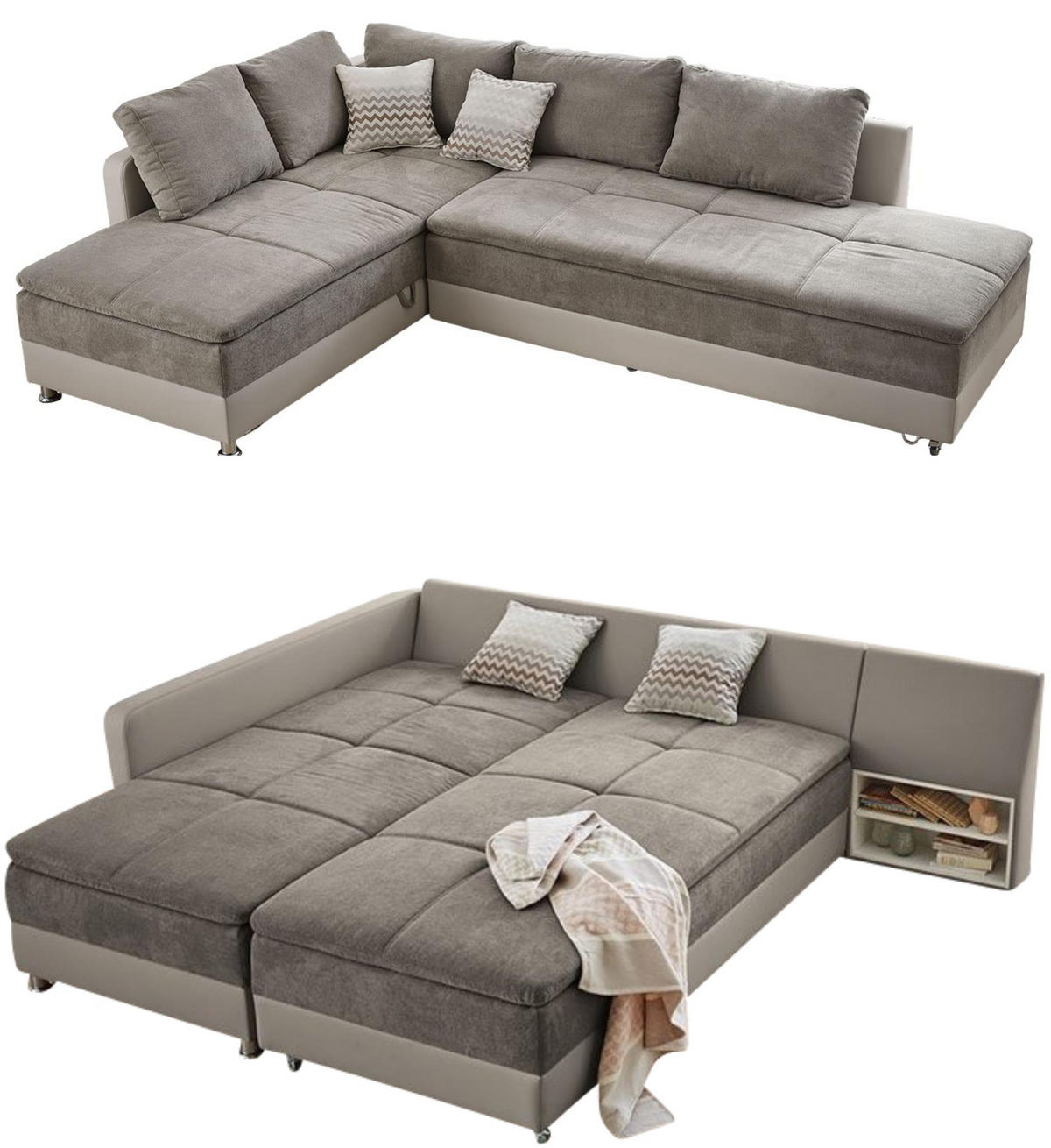 ECKSOFA-DAUERSCHLÄFER Doppelbett 306/223/95 cm Boxspring Federkern Topper, Schwenkteil rechts, Kunstleder Beige+Mikrofaser Grau Braun / 15102 - Chromfarben/Beige, Textil/Metall (306/223cm) - luma-home