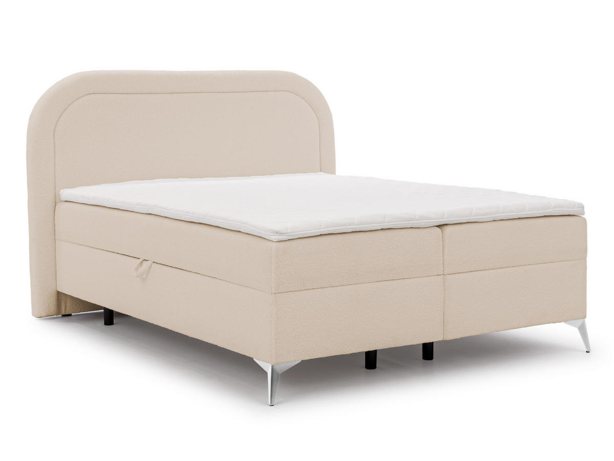 BOXBETT Sonna 160/200 cm Hellbeige Bouclé-Stoff mit abgerundetem Kopfteil und mit silbernen Metallfüßen - Beige/Silberfarben, Holz/Textil (160/200cm) - S-Style Möbel