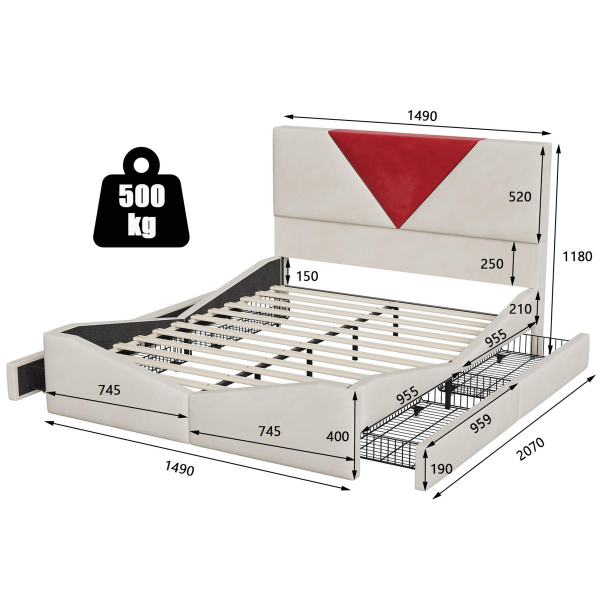 POLSTERBETT 160x190 cm - Zweifarbiges Kopfteil in Bordeaux, Einstellbare LED-Beleuchtung, 4 Schubladen, Samtstoff - Beige - Beige, Holzwerkstoff (140/190cm) - Brevoria
