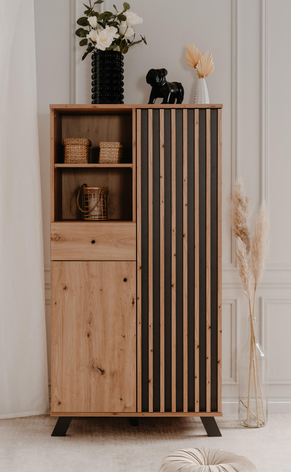 HIGHBOARD Eiche Artisan, grau 80 cm Industrial, Anrichte mit 3D-Lamellen - Anthrazit/Schwarz, Holzwerkstoff/Metall (80/156/40cm) - Furn.Design