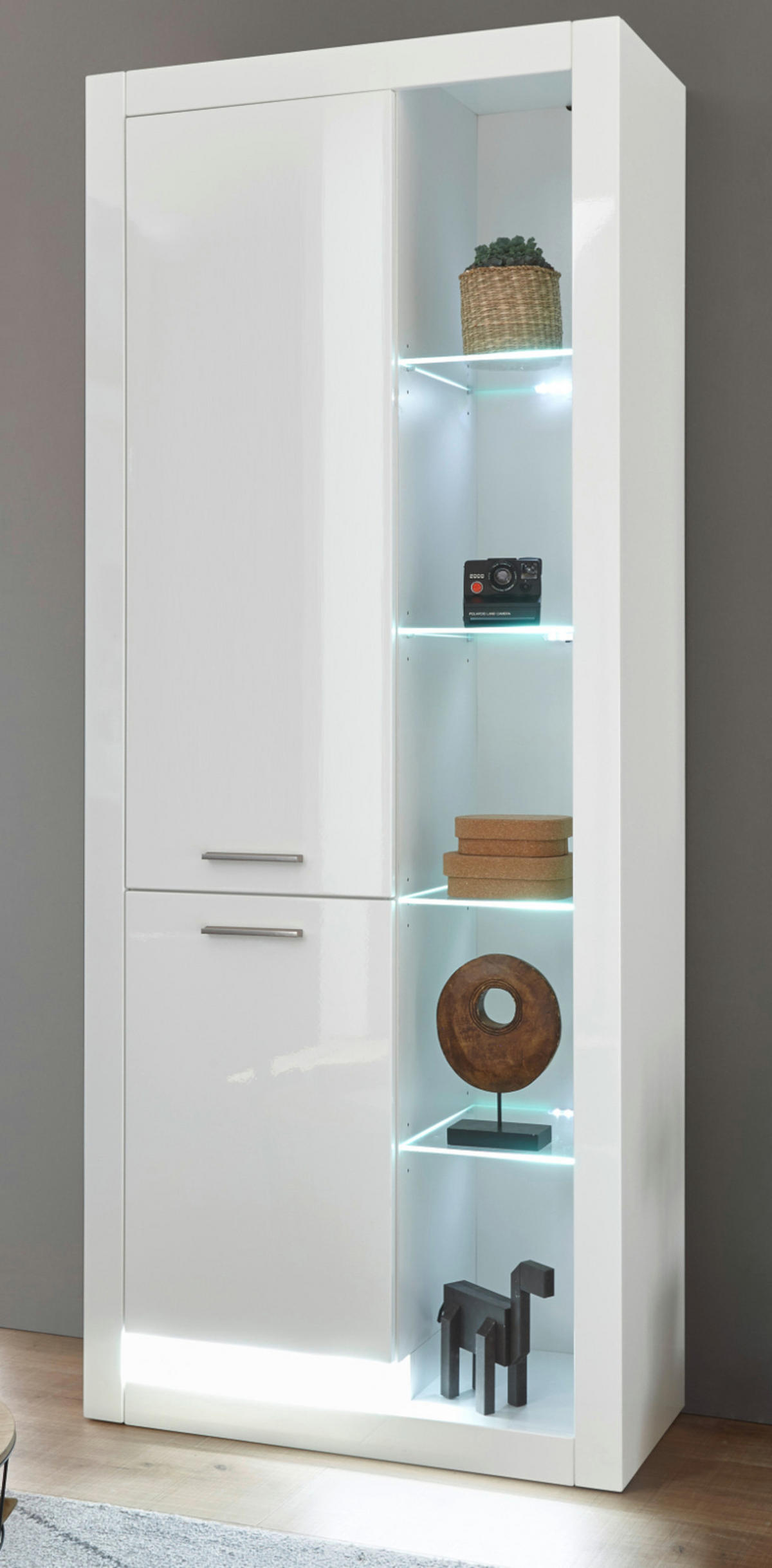 VITRINE weiß Hochglanz 80 cm, Vitrinenschrank mit 10 Fächern - Weiß Hochglanz/Silberfarben, Glas/Holzwerkstoff (80/195/37cm) - Furn.Design