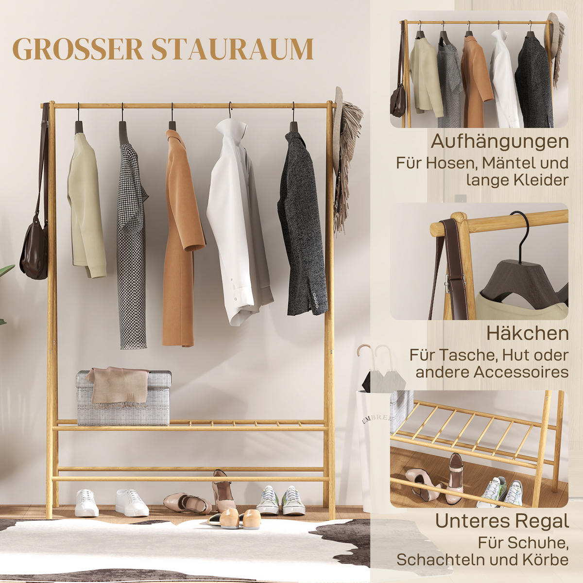 GARDEROBENSTÄNDER Bambus, 116 x 43,5 x 160 cm, Naturholz - Naturfarben, Naturmaterialien (116/160/43.5cm) - HOMCOM