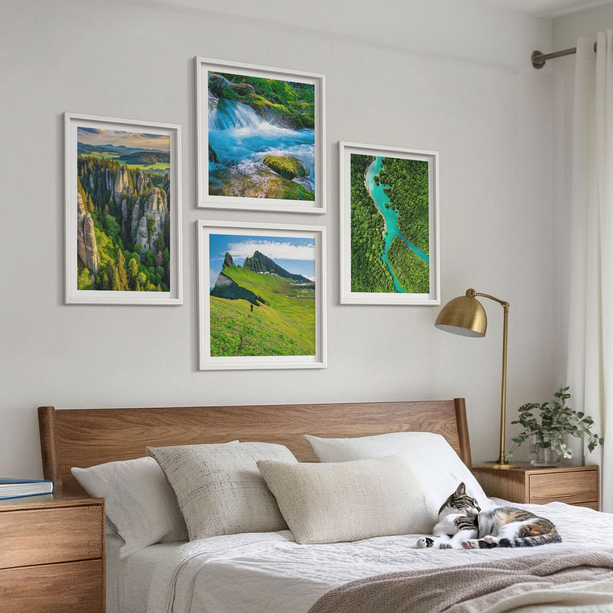 BILDER SET 4er Set - 50x50 cm & 40x60 cm Weißer Rahmen - Grüne Berge, Flussfelsen - Weiß, Kunststoff (50/50cm) - TULUP
