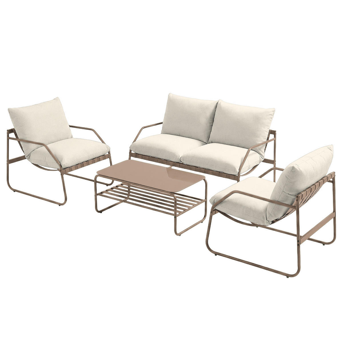 LOUNGEGRUPPE - 4-teilig - Stahl / Webstoff - Taupe, Glas/Textil - home24