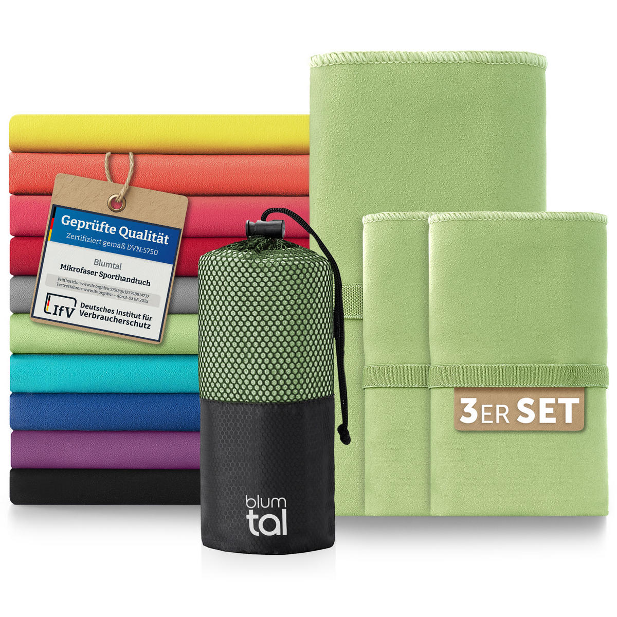 SPORTHANDTUCH microfiber 3er-Set , 180/90 cm & 2 x 80/40 cm,Grün - Grün, Textil (180/90cm) - Blumtal