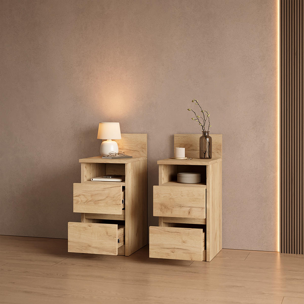NACHTTISCH Roya, Goldkraft Eiche, 25 x 59.1 cm mit 2 Schubladen - Honigeiche, Holzwerkstoff (25/59.1/32.3cm) - Livinity®