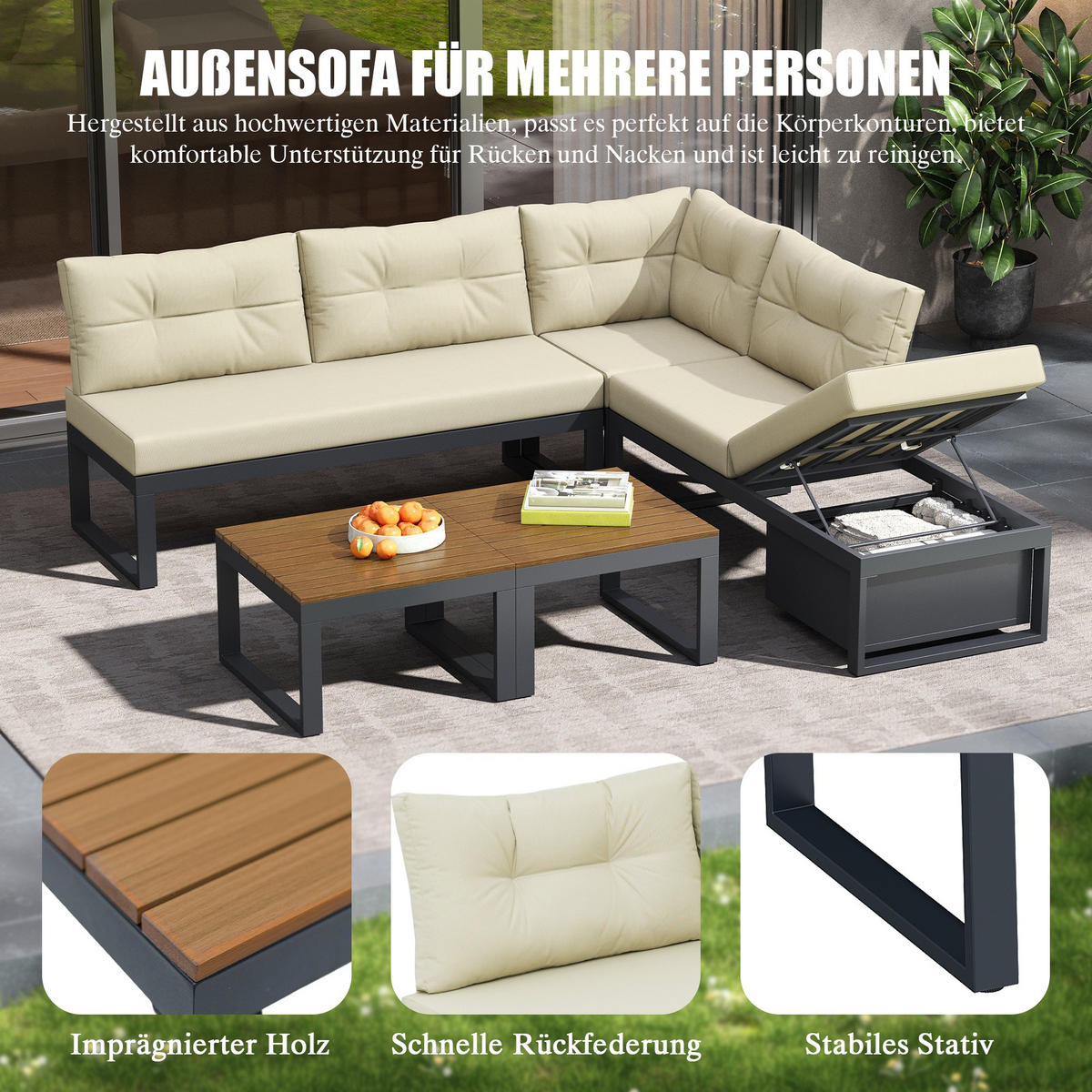 LOUNGEGARNITUR, Gartenlounge-Set, L-/U-Form Gartenmöbel Set,Beige - Beige, Metall - LVHOM
