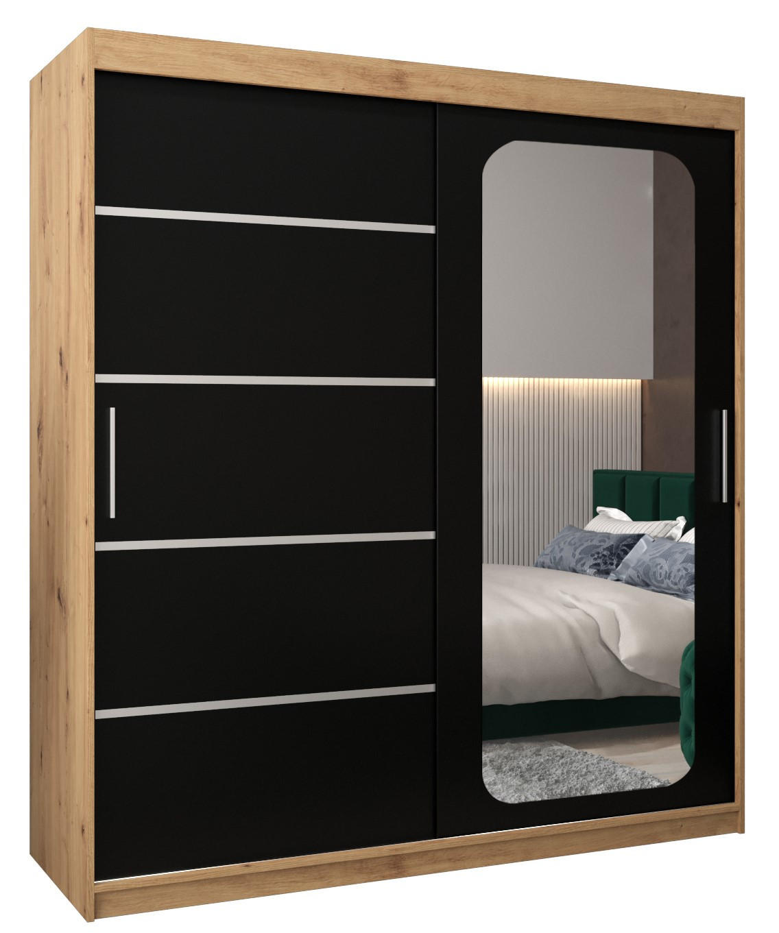 Abiks Möbel Schwebetürenschrank Eiche Artisan, Schwarz 180x200x62 cm