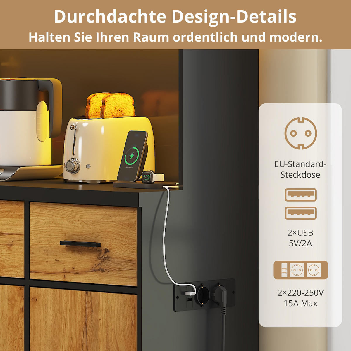 BUFFET 100/40/180 cm Natürlich mit LED-Beleuchtung mit APP-Steuerung und 3 Schubladen - Naturfarben, Holz (100/180/40cm) - Oxeza