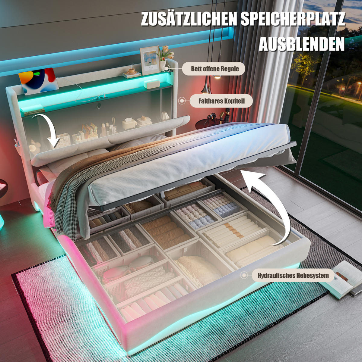 BETT mit Stauraum und LED 160x200 cm Samt Beige - Beige, Metall (160/200cm) - Meubliv